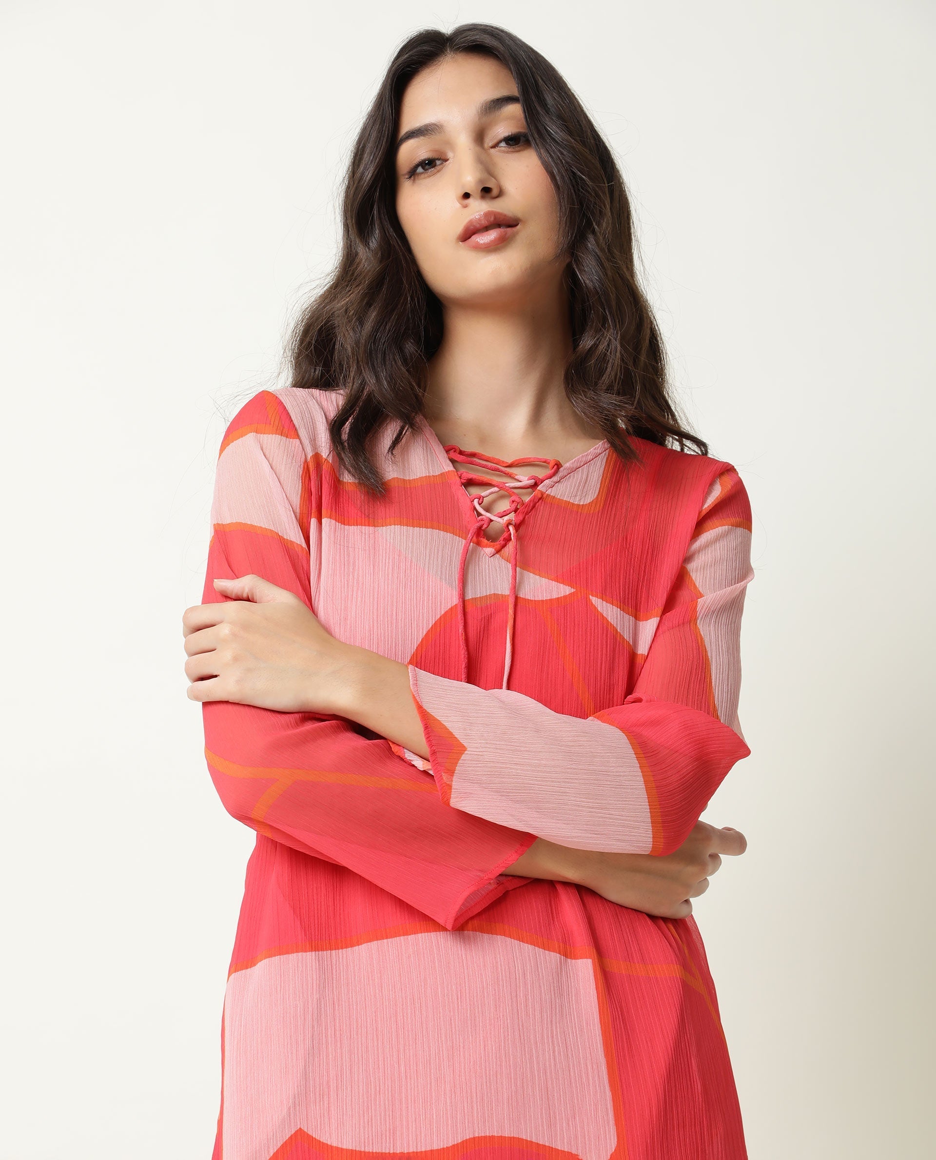Rareism Women's Benett Pink V-Neck Abstract Print Knee Length Regular Fit Dress