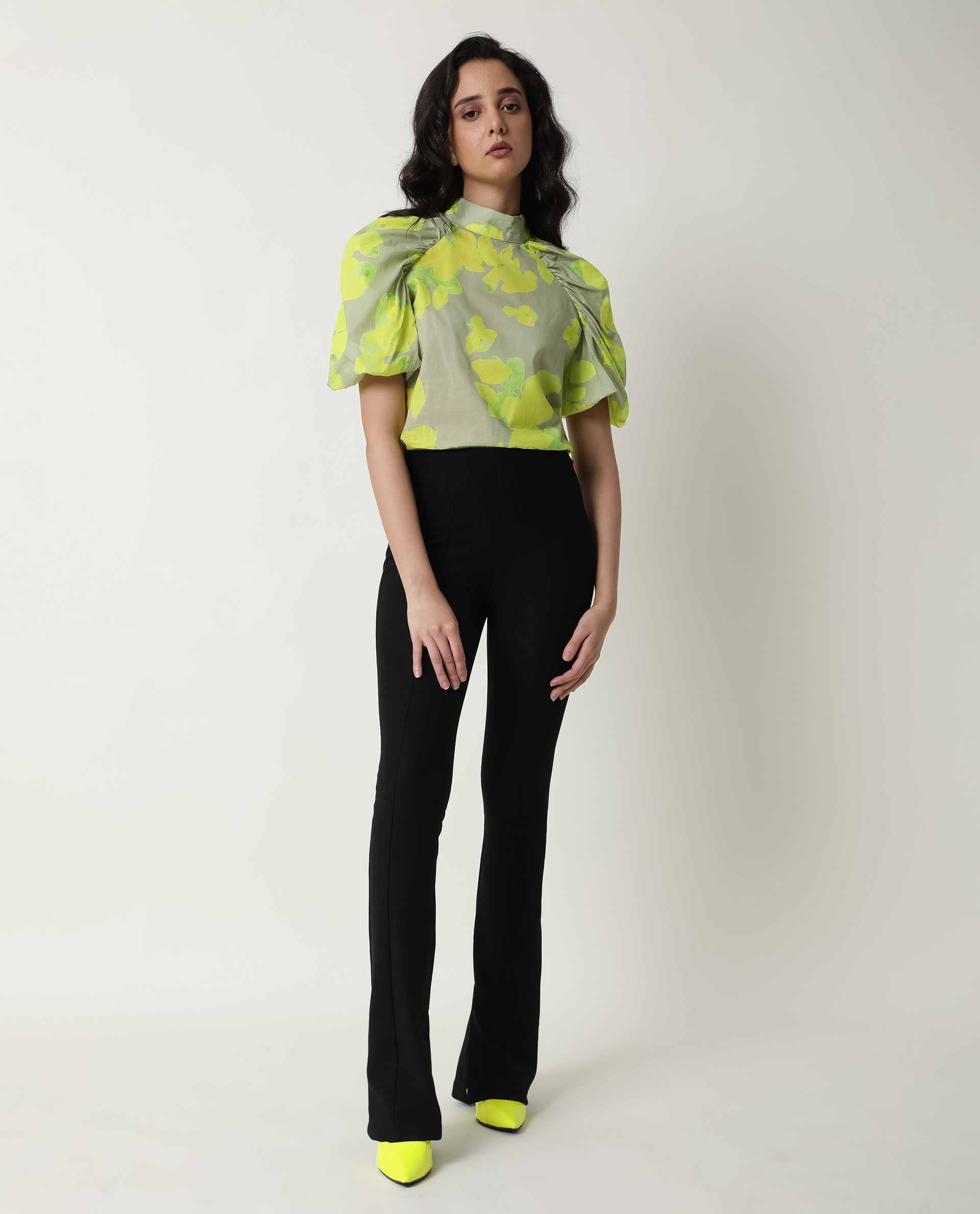 Rareism Women's Lagger Green Cotton High Neck Abstract Print Regular Fit Top