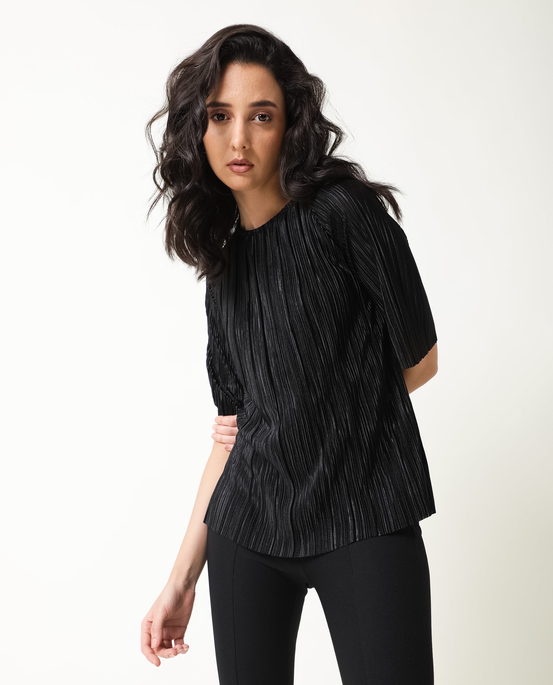 Rareism Women Shory Black Top Polyester Fabric Full Sleeves Solid