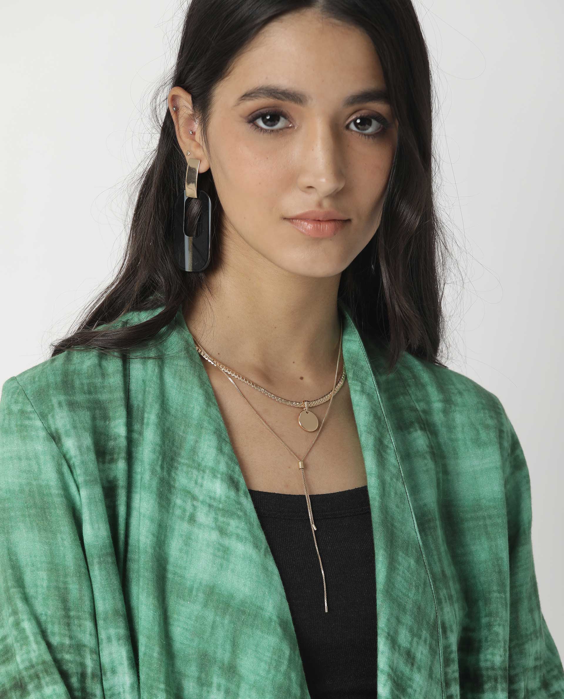 Rareism Women Boss Green Cotton Fabric Regular Fit Knee Length Abstract Print Collarless Outer Wear