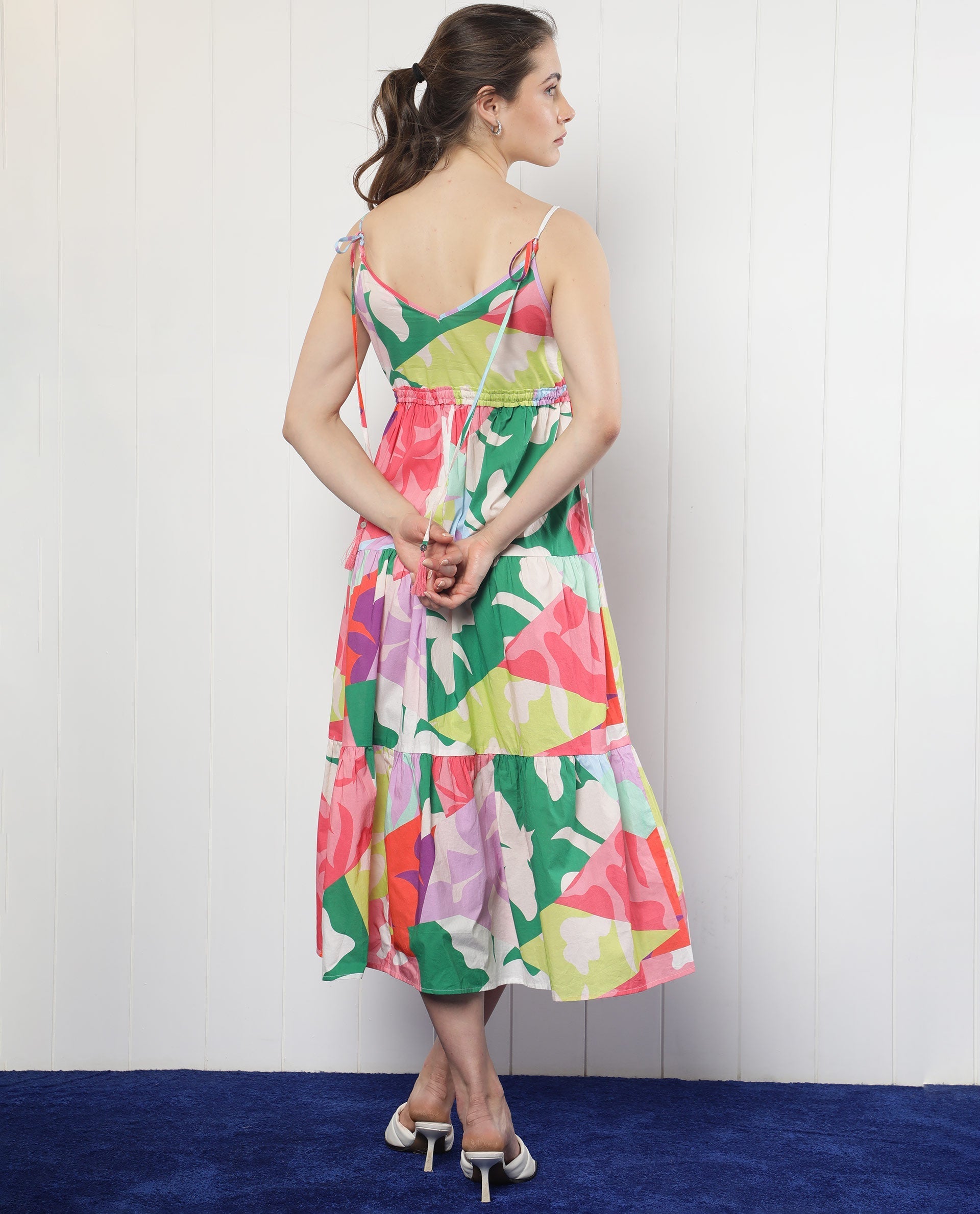 Rareism Women Grace Multi Cotton Fabric Sleeveless V-Neck Shoulder Straps Regular Fit Floral Print Knee Length Tiered Dress