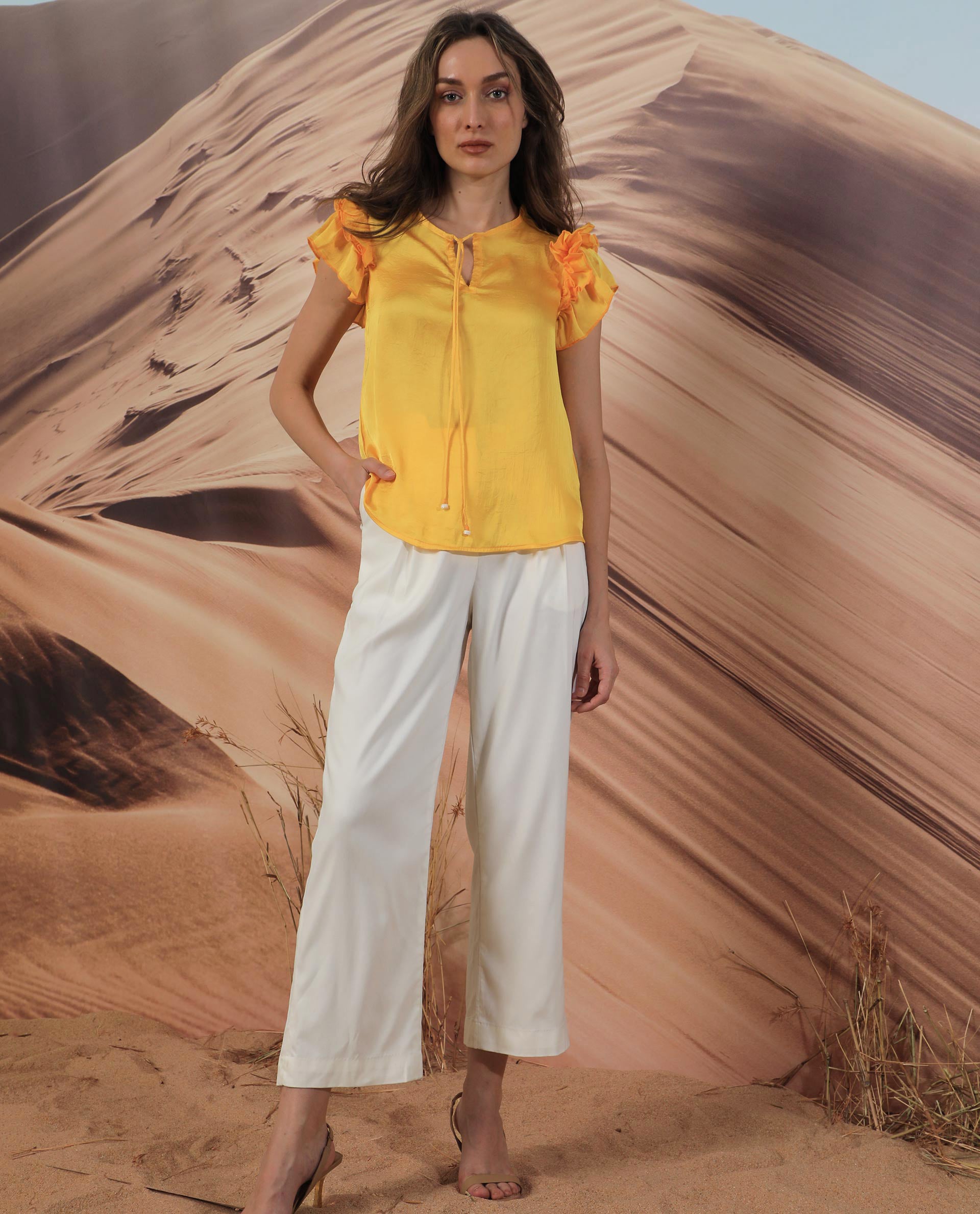 Rareism Women Skye Yellow Top Polyester Fabric Sleeveless Solid Print