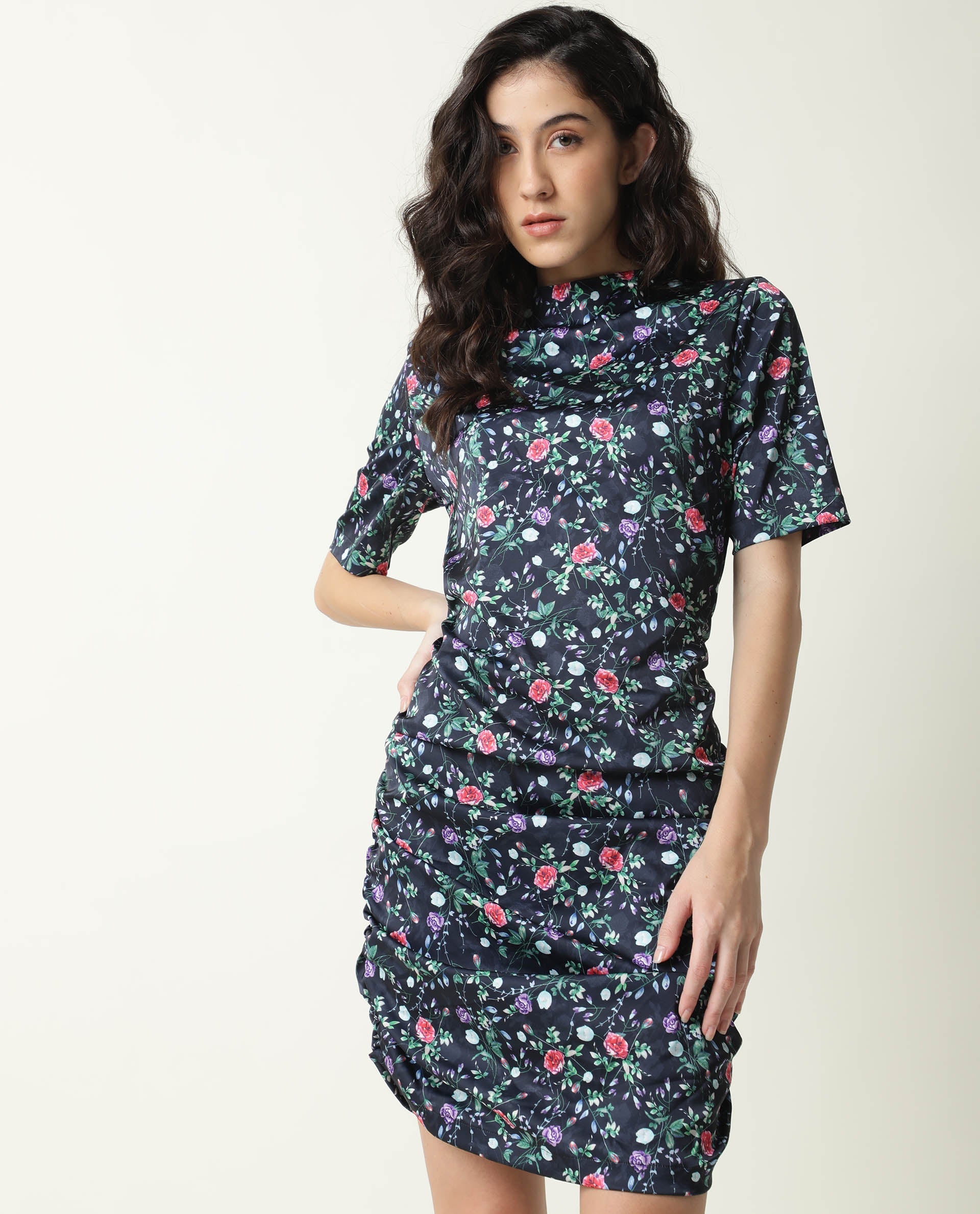 Rareism Women's John Navy Modal High Neck Floral Print Knee Length Regular Fit Dress
