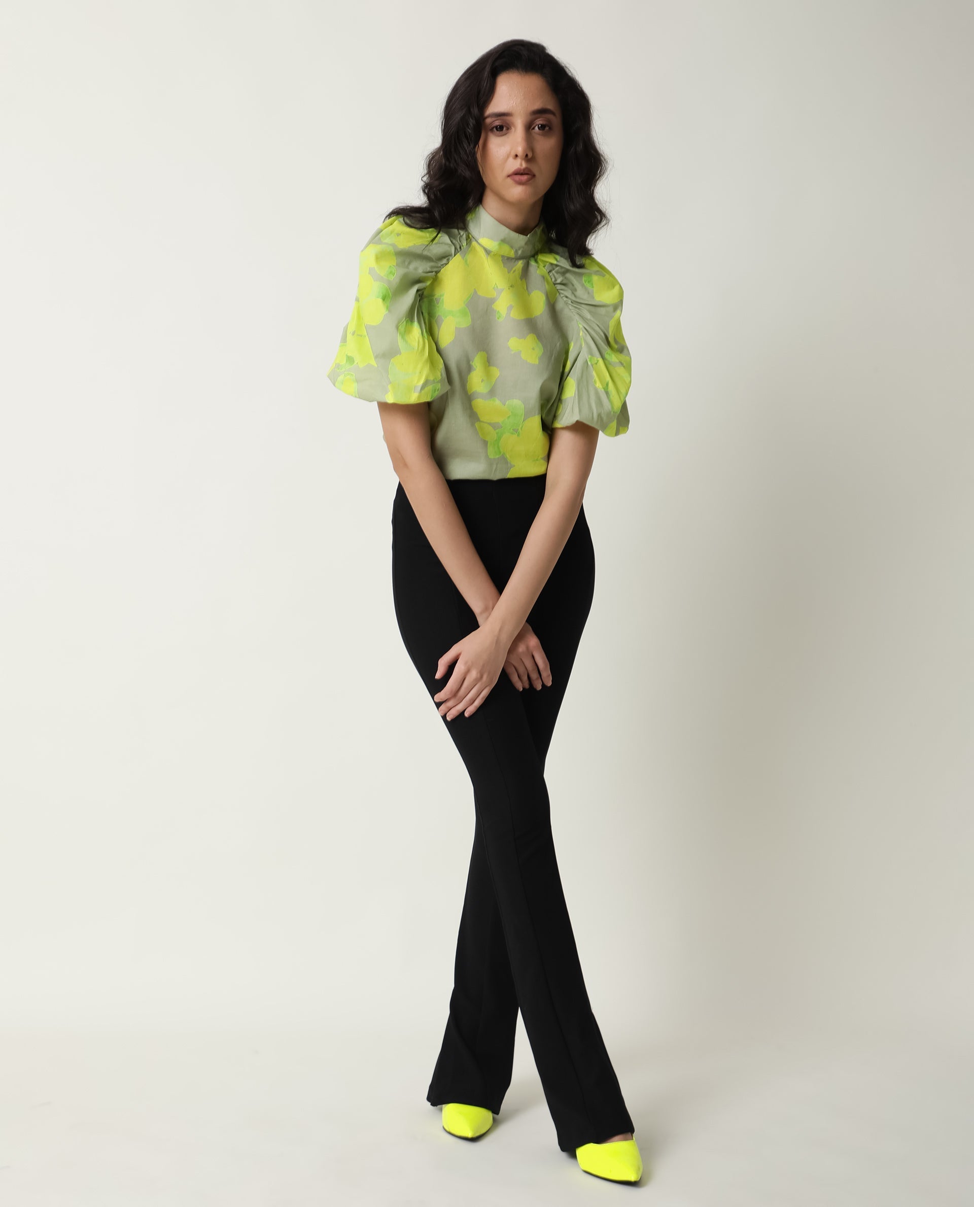 Rareism Women's Lagger Green Cotton High Neck Abstract Print Regular Fit Top