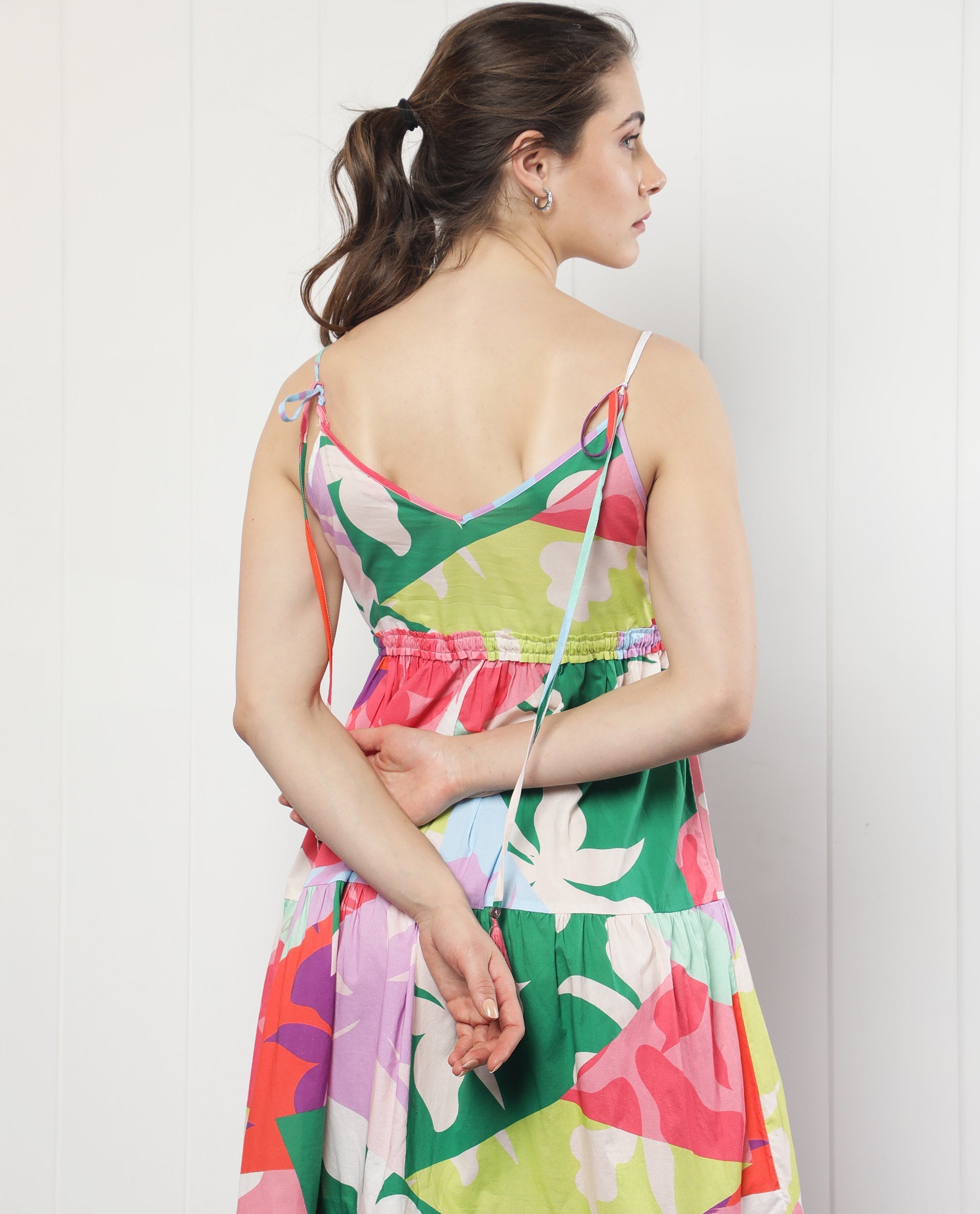 Rareism Women's Grace Multi Cotton V-Neck Floral Print Shoulder Strap Knee Length Regular Fit Dress