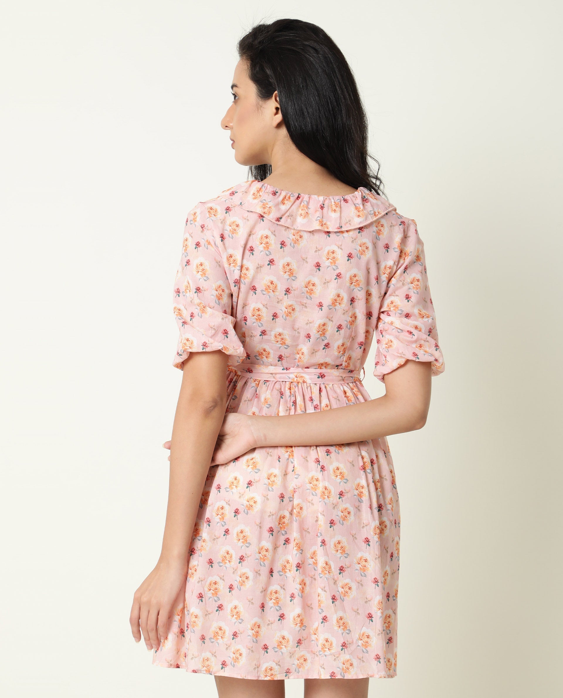 Rareism Women's Verna Pink Cotton V-Neck Floral Print Balloon Sleeve Knee Length Regular Fit Dress