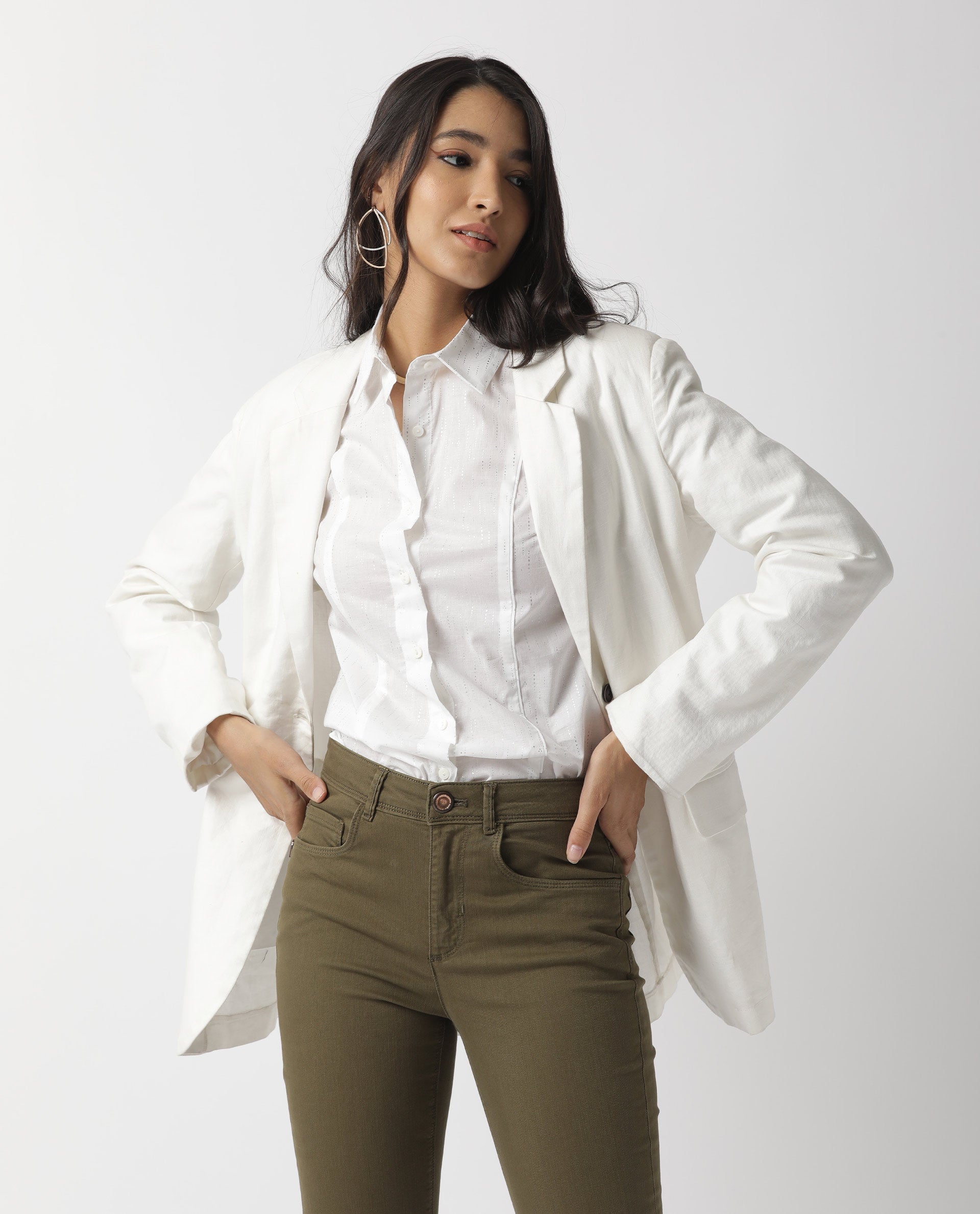 Rareism Women's Camelo White Cotton Spread Collar Plain Regular Fit Top