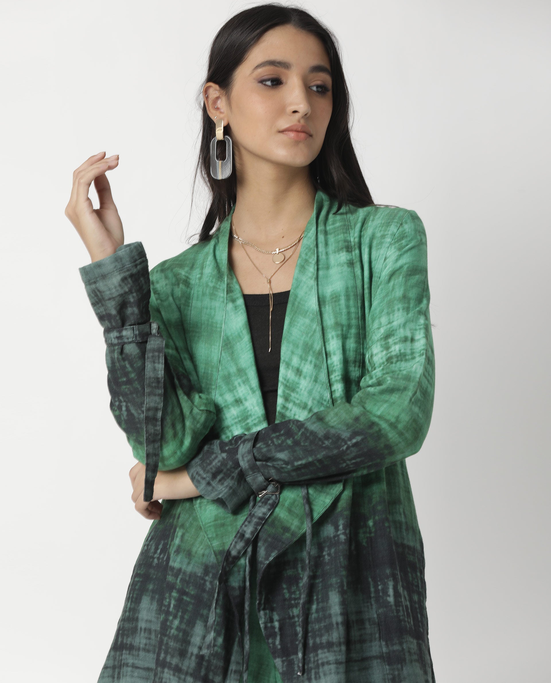 Rareism Women's Boss Green Cotton Collarless Regular Fit Outer Wear