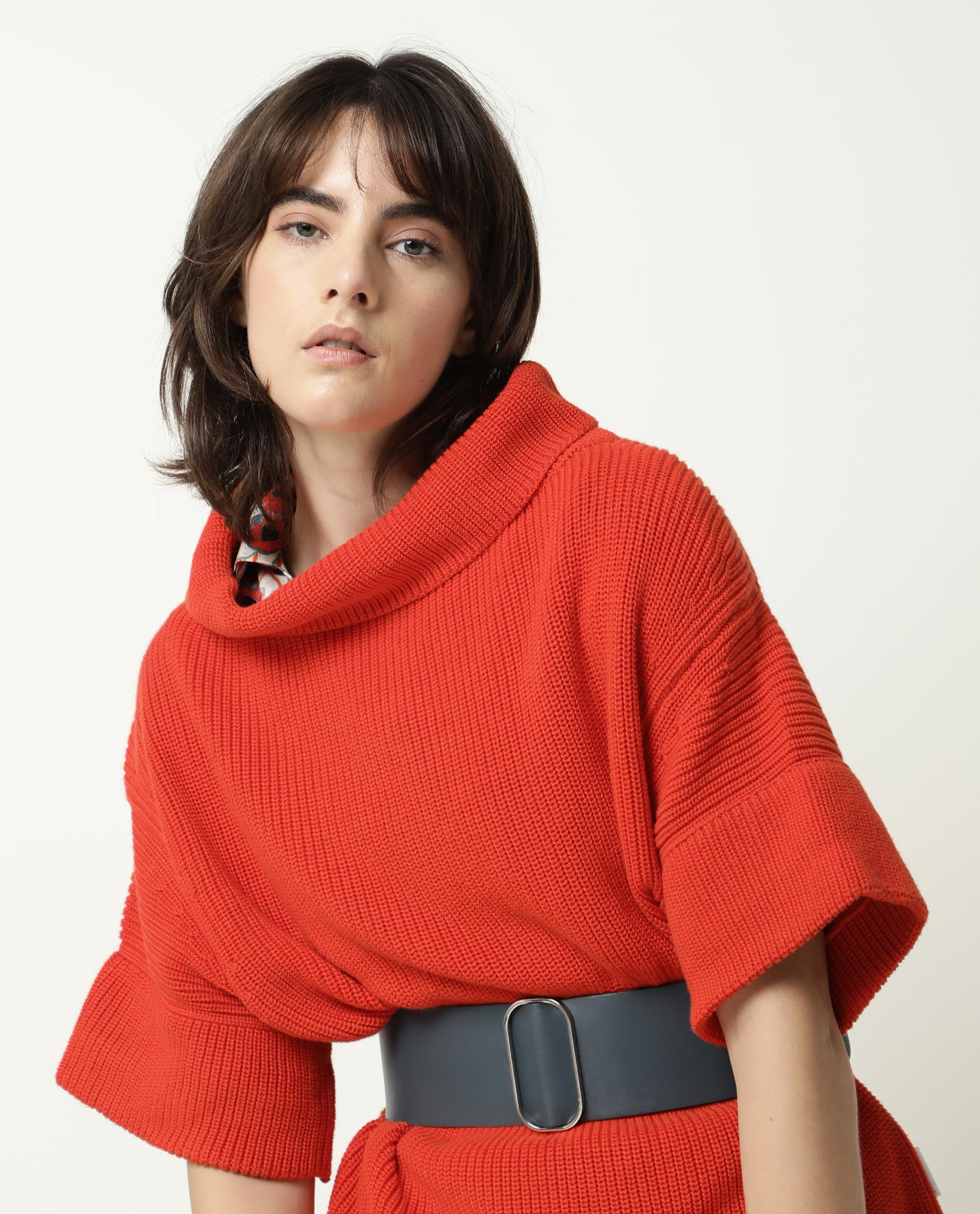 Rareism Women Daffy Orange Cotton Fabric Half Sleeves Relaxed Fit Solid Cowl Neck Sweater