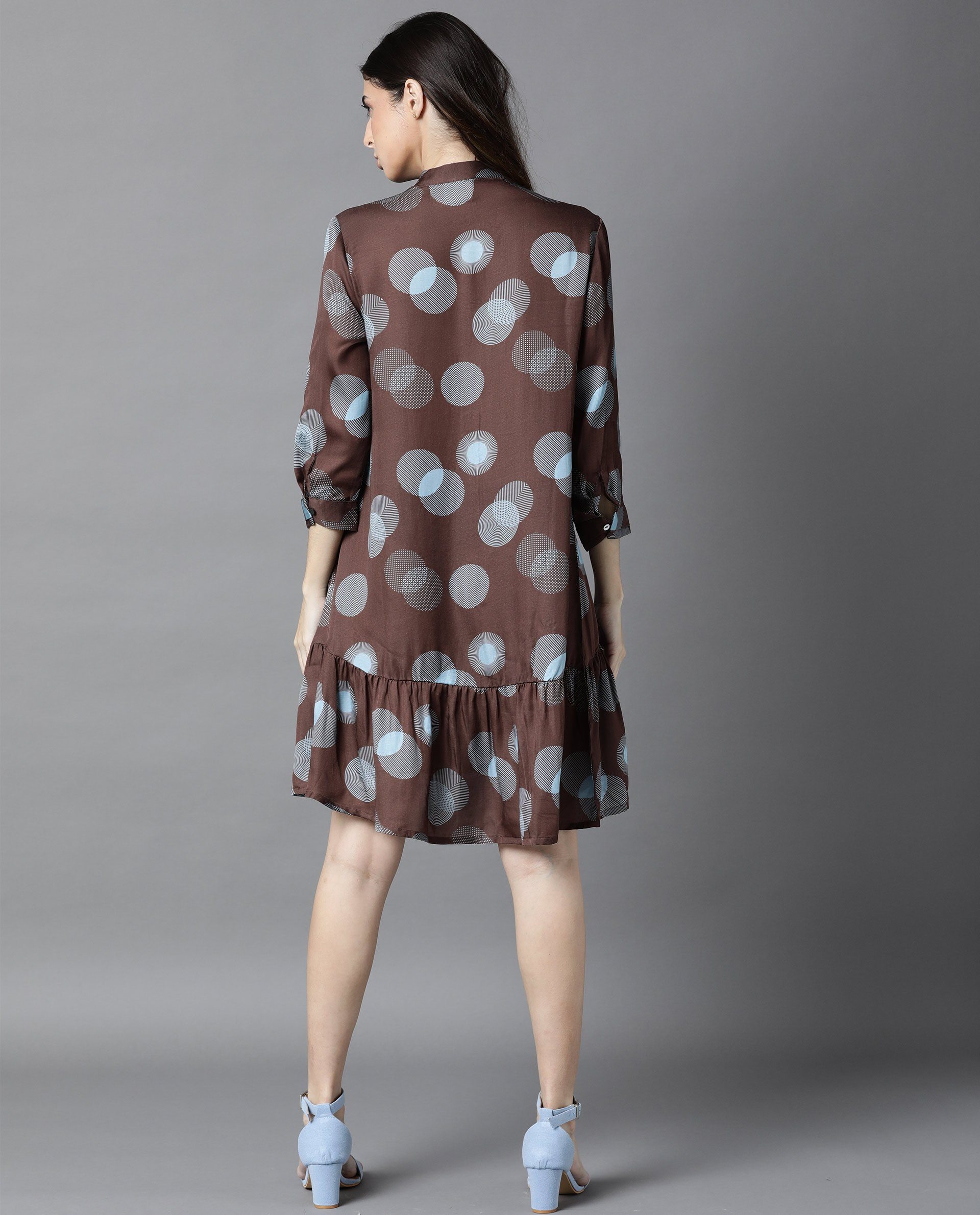 Rareism Women Eden Brown Dress Short Sleeves Printed