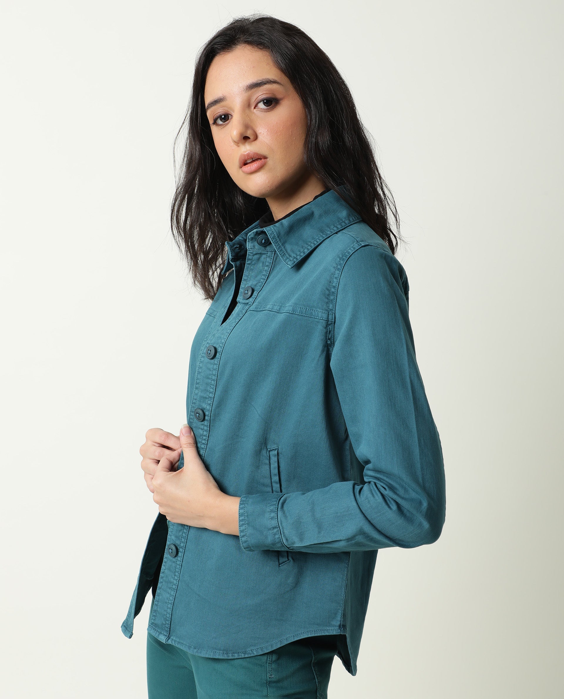 Rareism Women Mission Petrol Cotton Lycra Fabric Full Sleeves Solid Shirt Collar Jacket