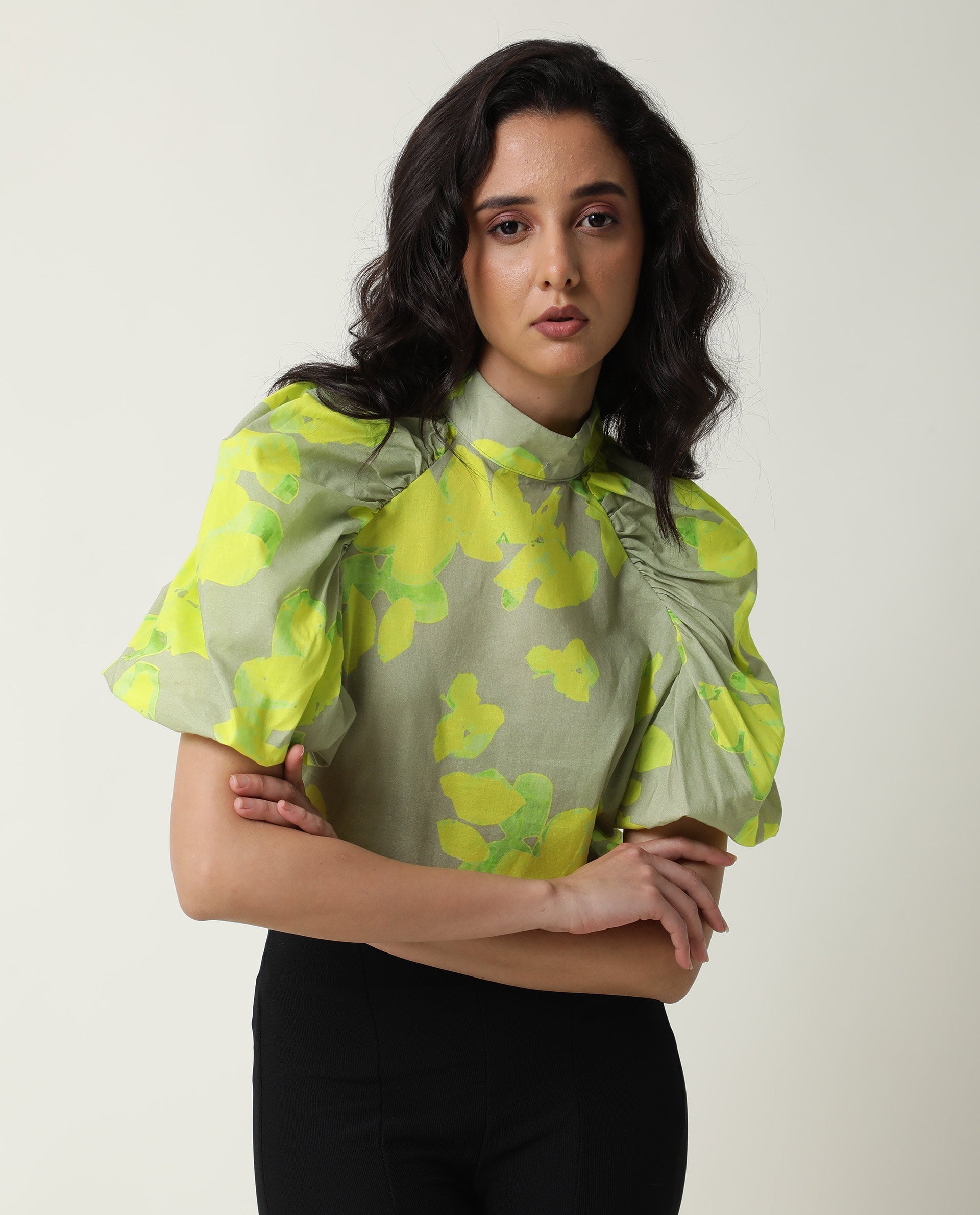 Rareism Women's Lagger Green Cotton High Neck Abstract Print Regular Fit Top