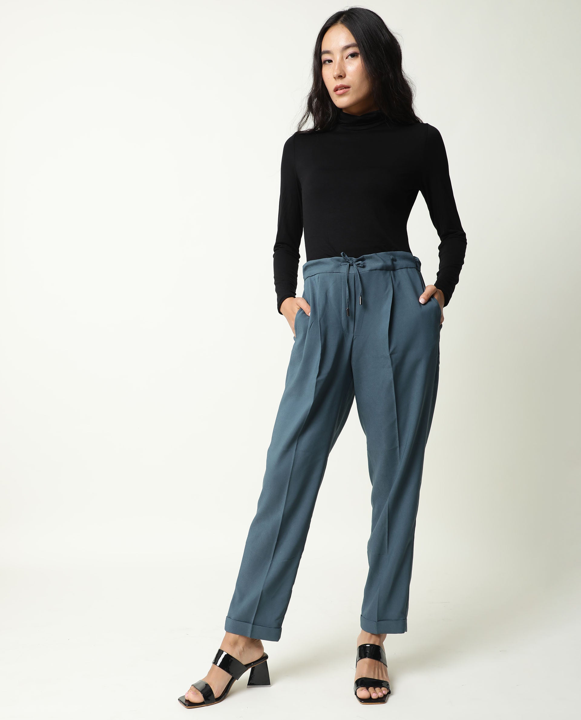 Rareism Women's Jeremiah Petrol Polyester Blend Plain Ankle Length Tailored Trouser