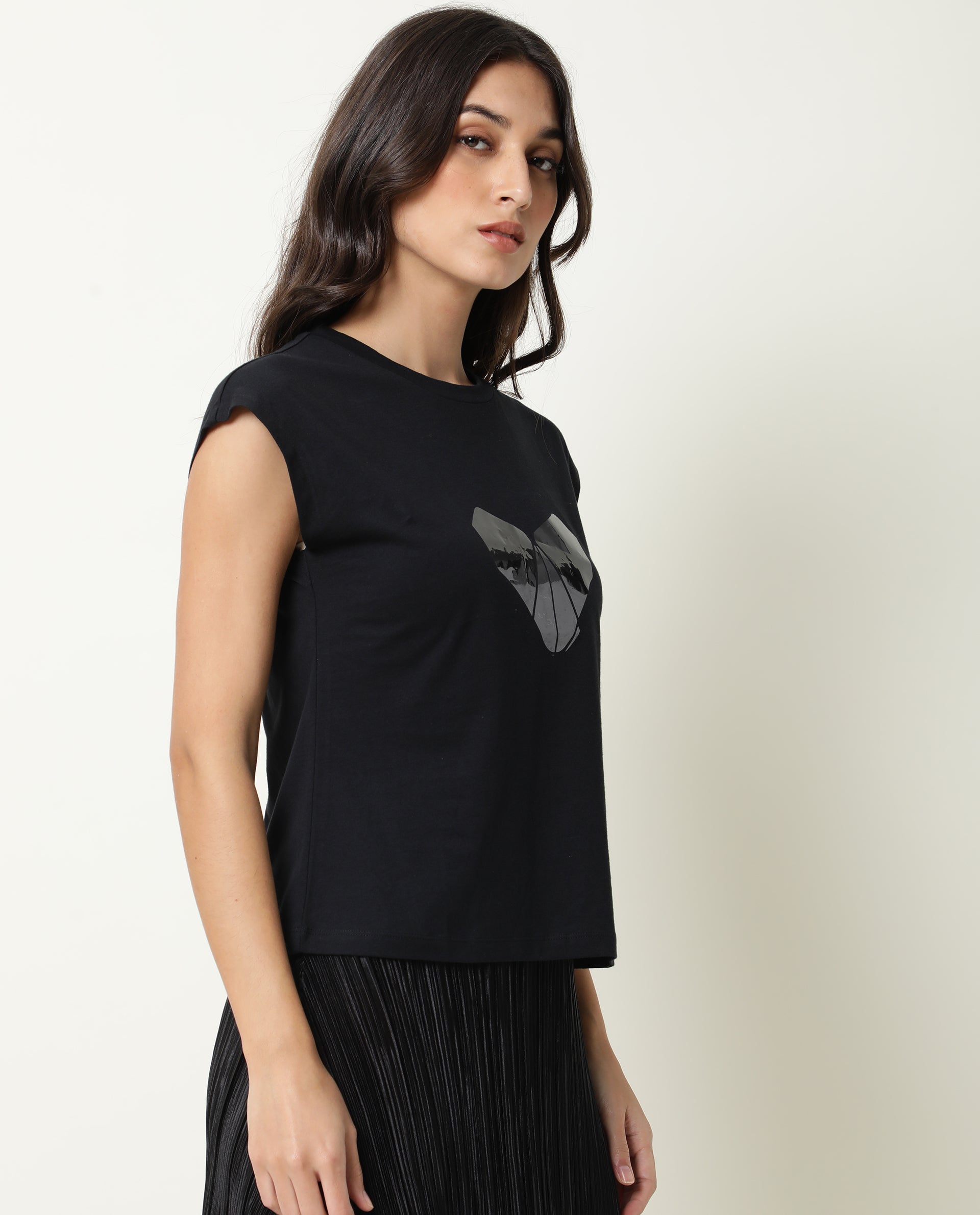 Rareism Womens Baga Black T-Shirt Cotton Fabric Crew Neck Short Sleeve