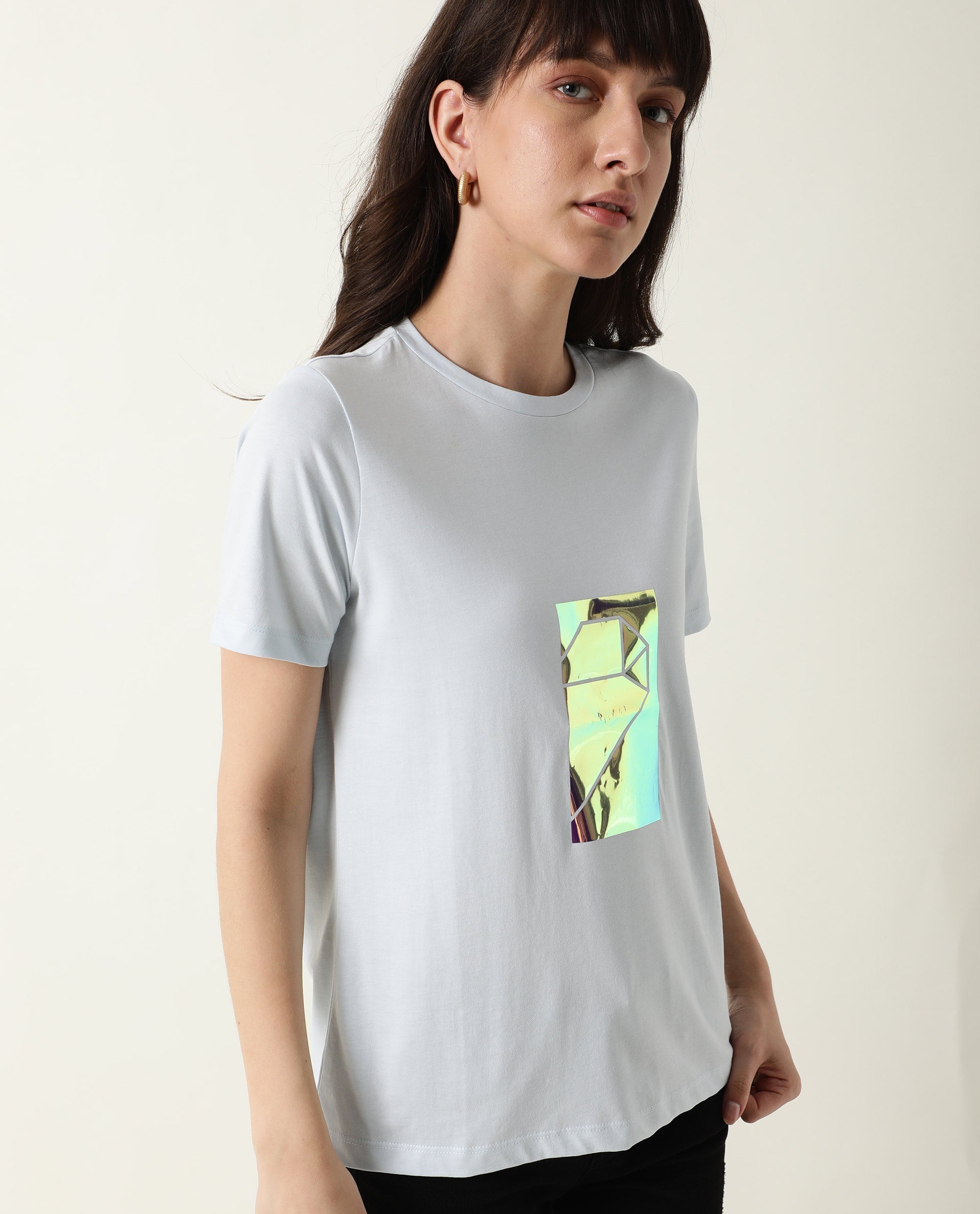Rareism Women's Gulf Blue Cotton Crew Neck Graphic Print Regular Fit T-Shirt