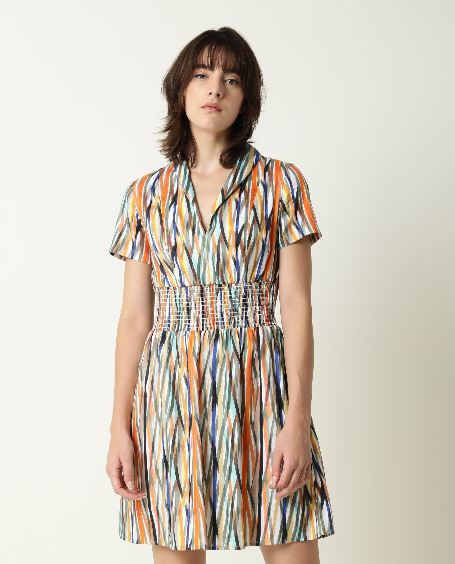 Rareism Women's Shallom Multi V-Neck Abstract Print Knee Length Regular Fit Dress