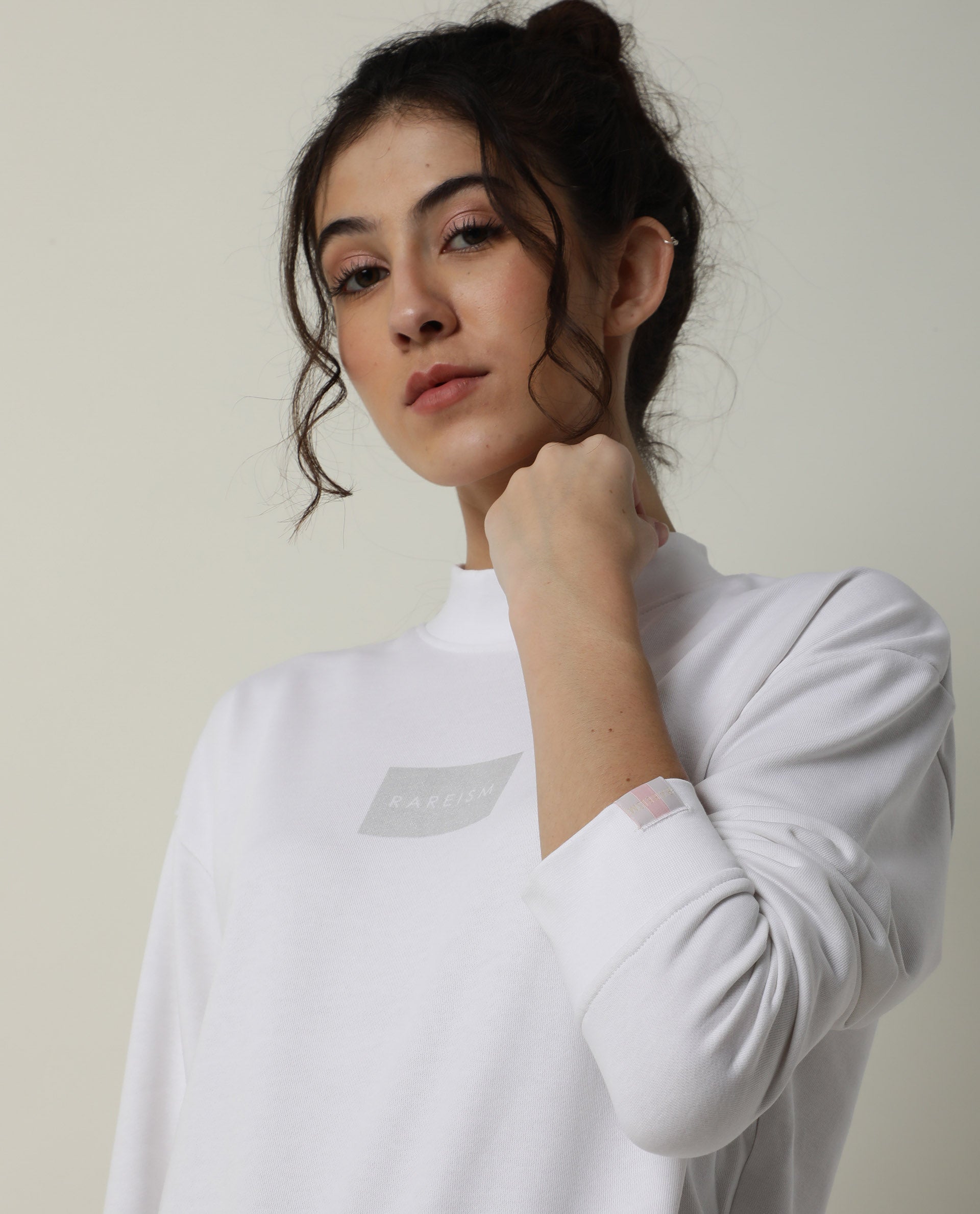Rareism Women's Hectare White Cotton Blend High Neck Plain Relaxed Fit Sweatshirt