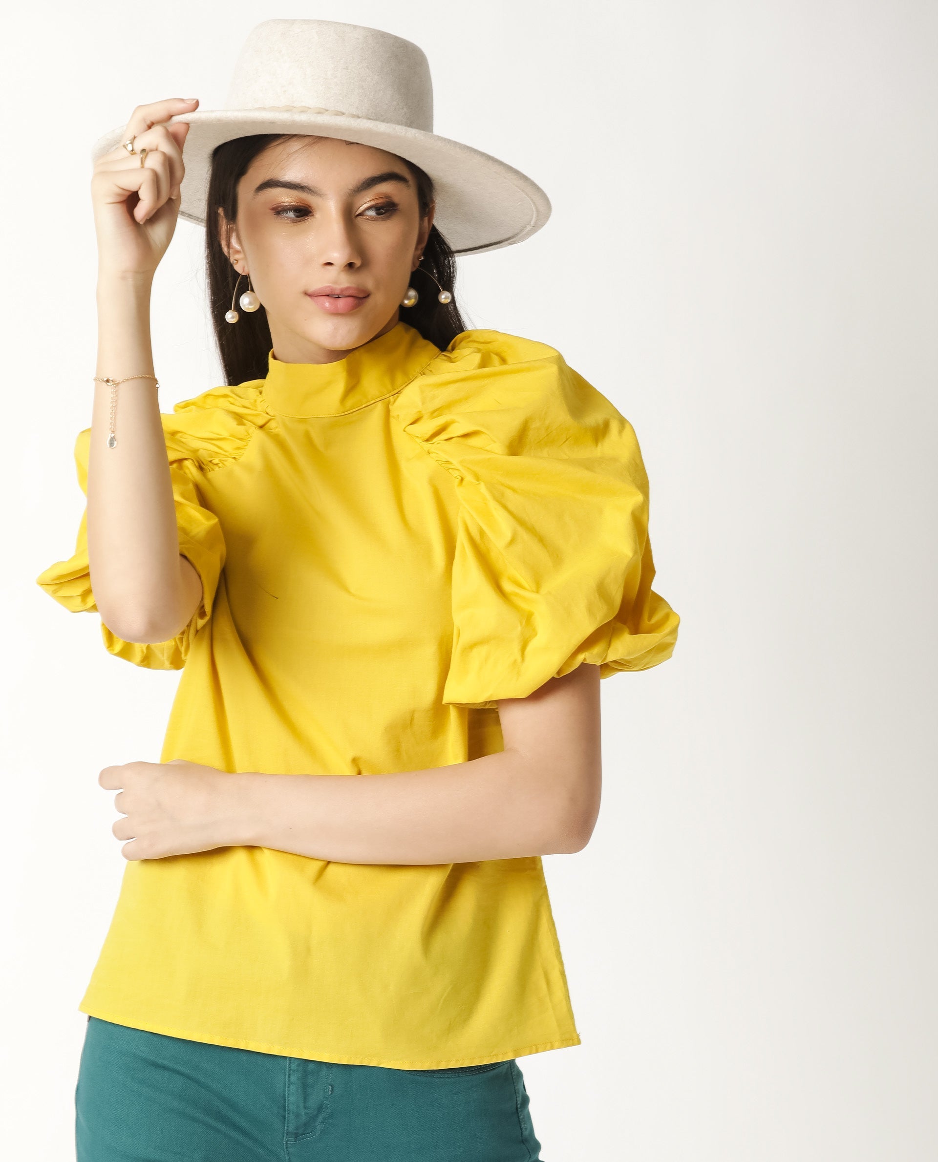 Rareism Womens Bobby Yellow Top Cotton Fabric Half Sleeve High Neck