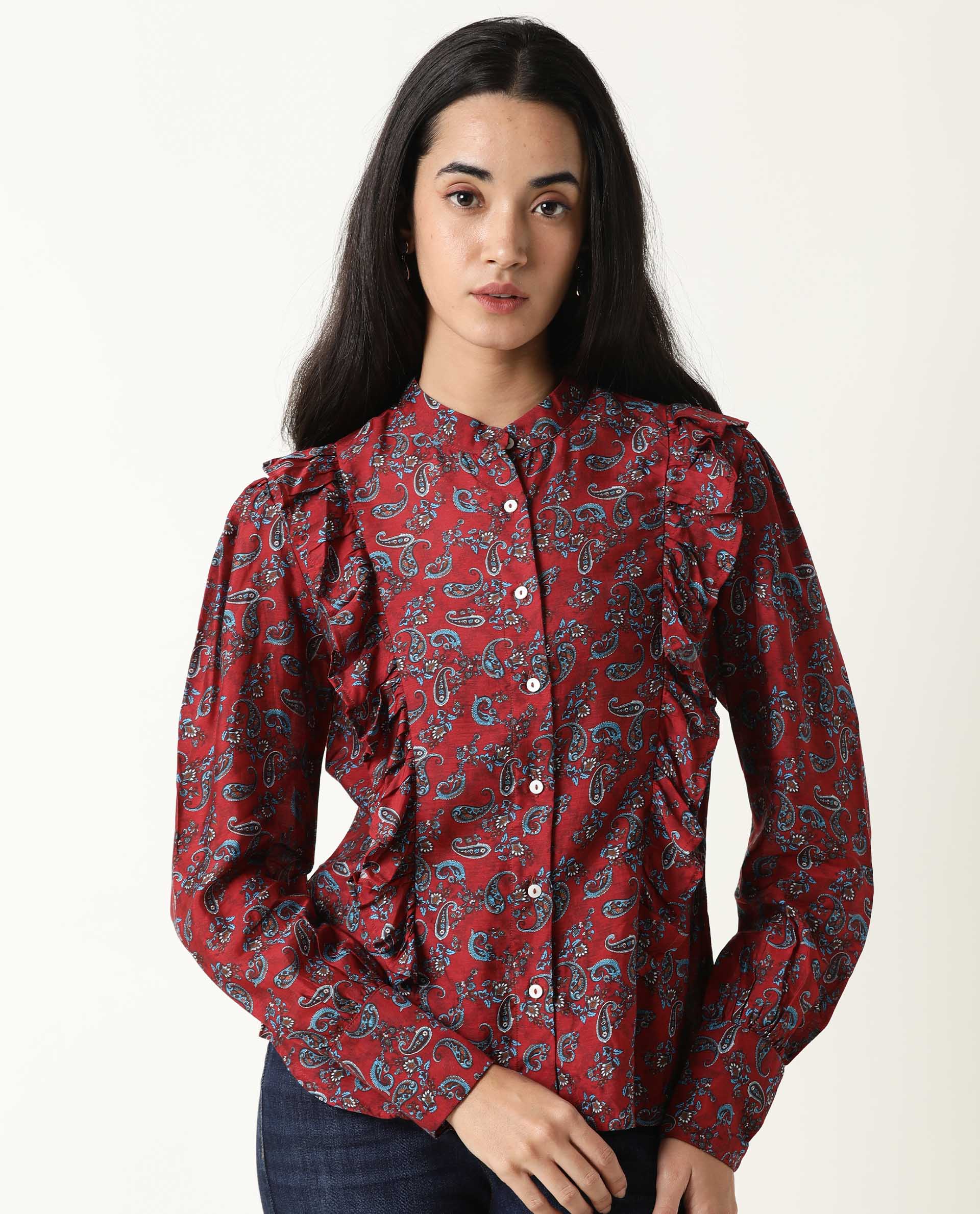 Rareism Womens Pumpkin Maroon Top Modal Fabric Regular Fit Regular Sleeves Mandarin Neck