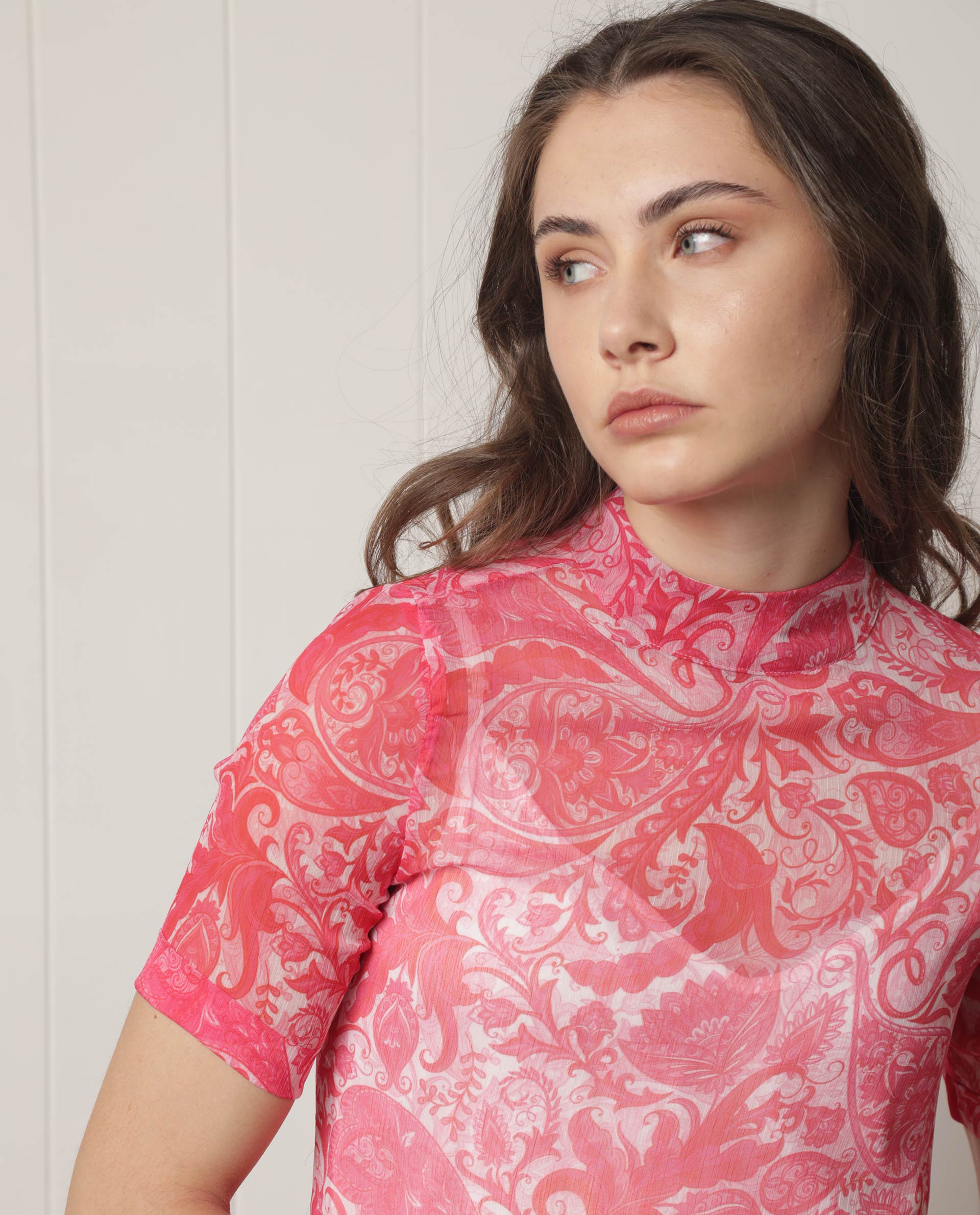 Rareism Women's Beryl Pink Polyester Fabric High Neck Zipper Closure Half Sleeve Paisley Print Knee Length Dress