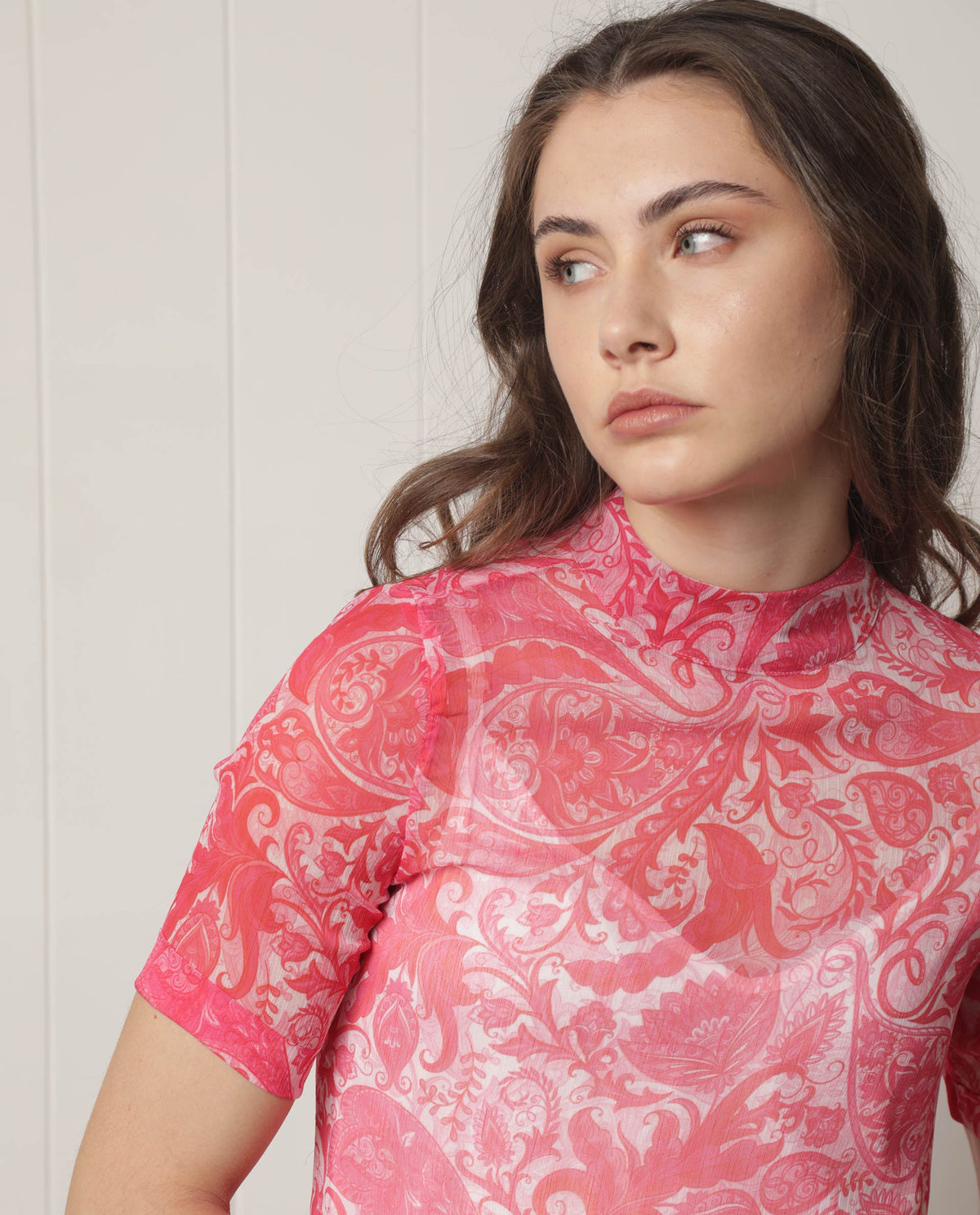 Rareism Women's Beryl Pink Polyester Fabric High Neck Zipper Closure Half Sleeve Paisley Print Knee Length Dress