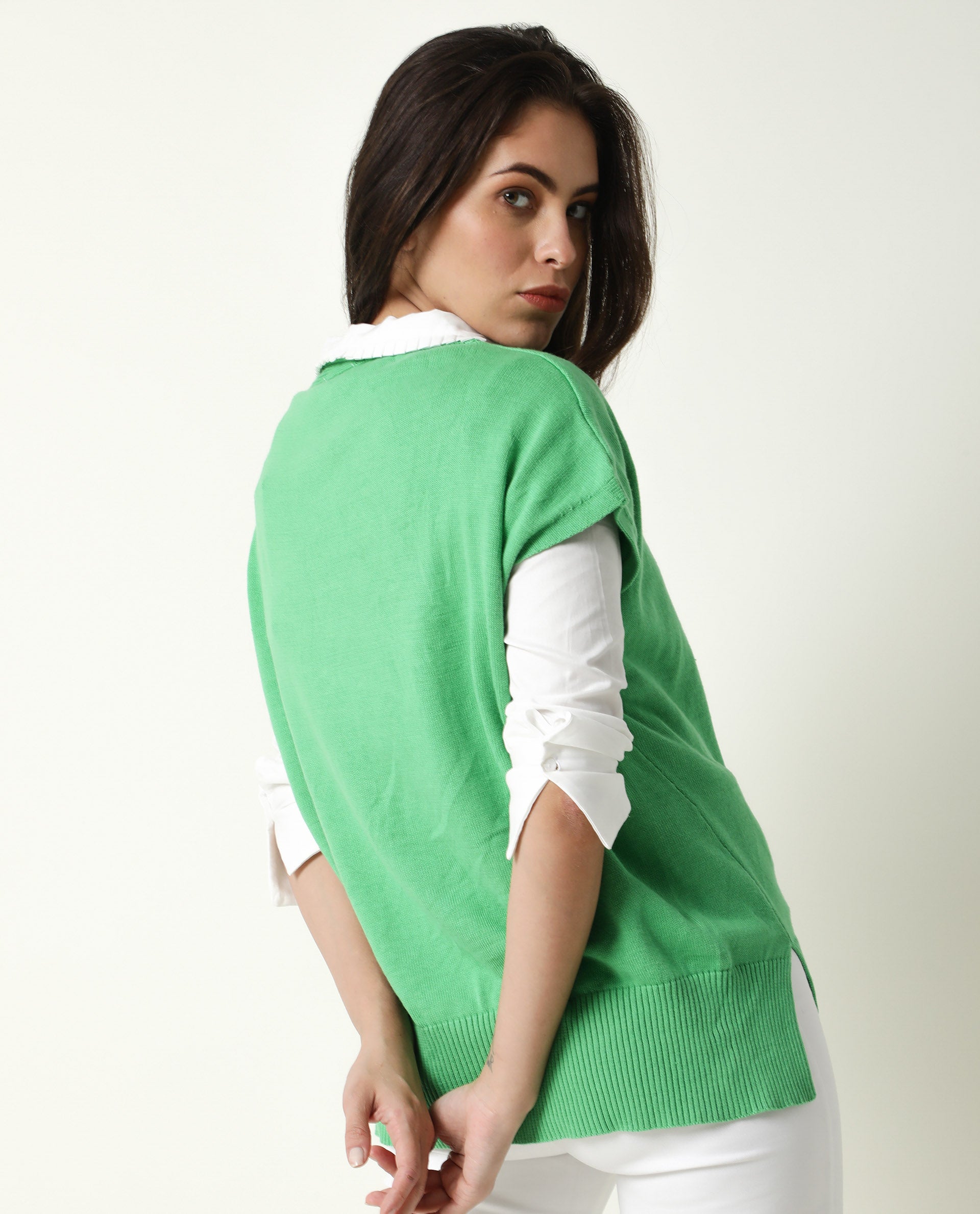 Rareism Women's Pave Green Cotton V-Neck Plain Extended Sleeves Regular Fit Sweater