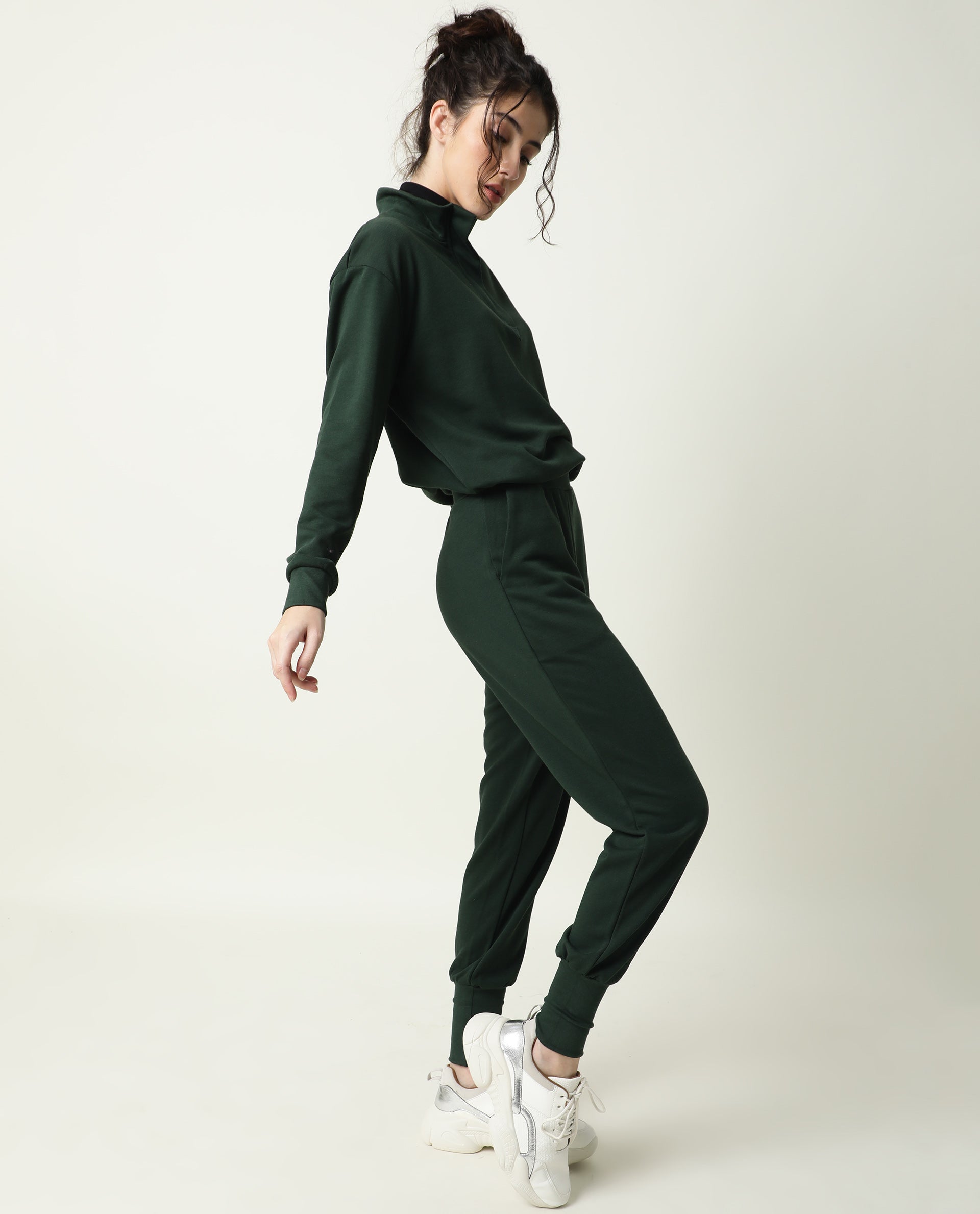 Rareism Women Taffy-1 Green Relaxed Fit Full Sleeves Solid High Neck Sweatshirt