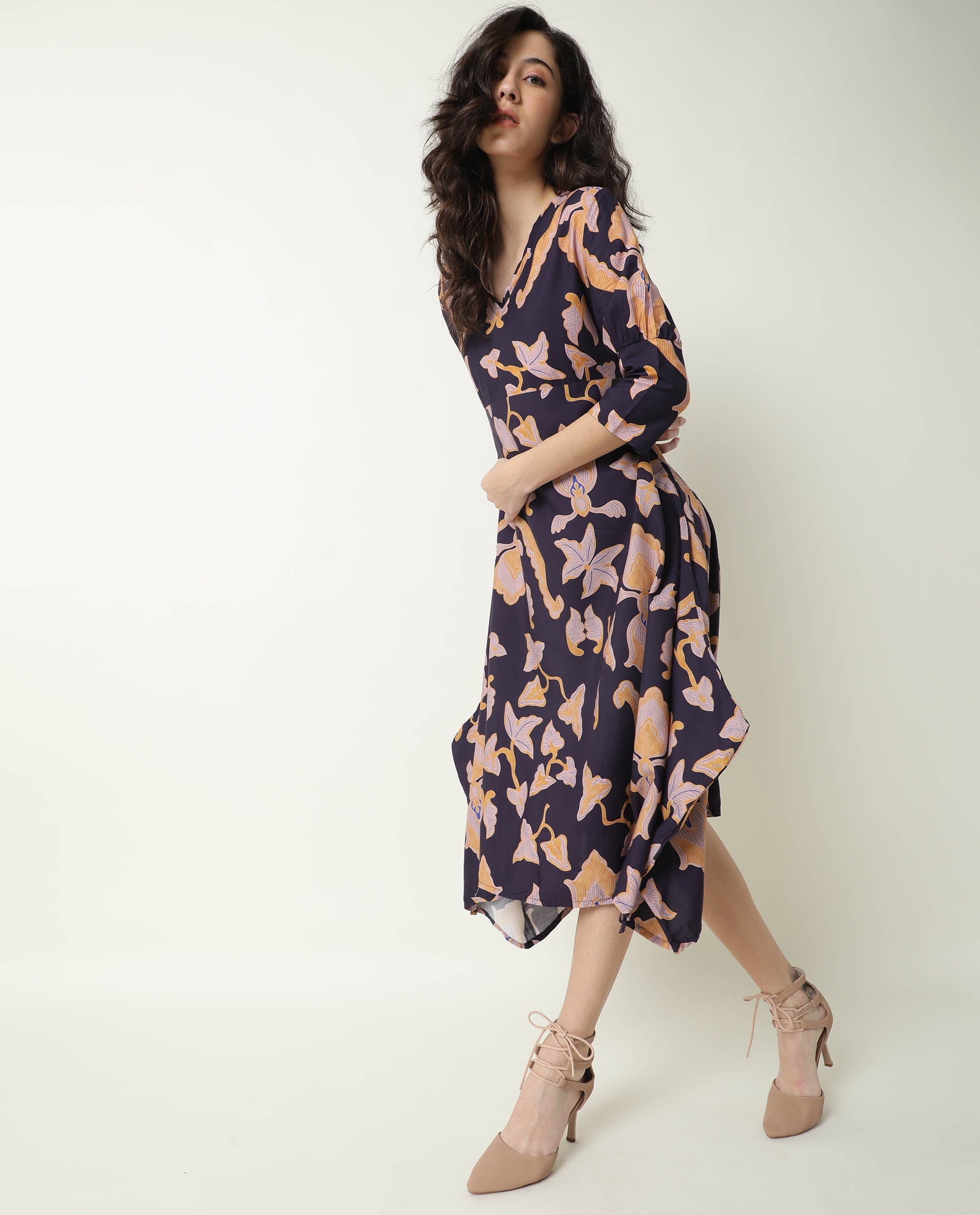 Rareism Women's Kenna Navy V-Neck Abstract Print Knee Length Regular Fit Dress
