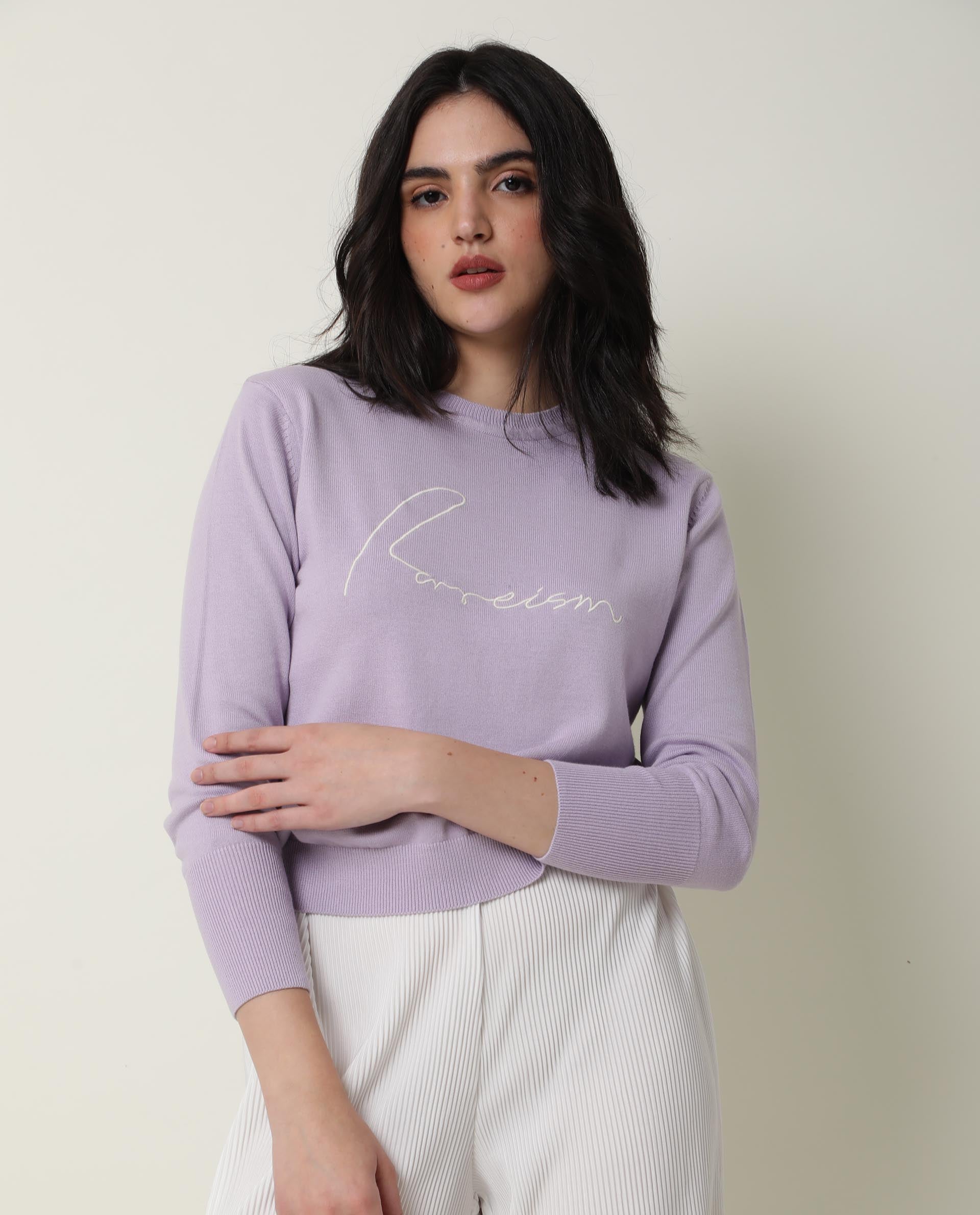 Rareism Women Plusho Light Purple Cotton Fabric Full Sleeves Regular Fit Embroidered Round Neck Sweater