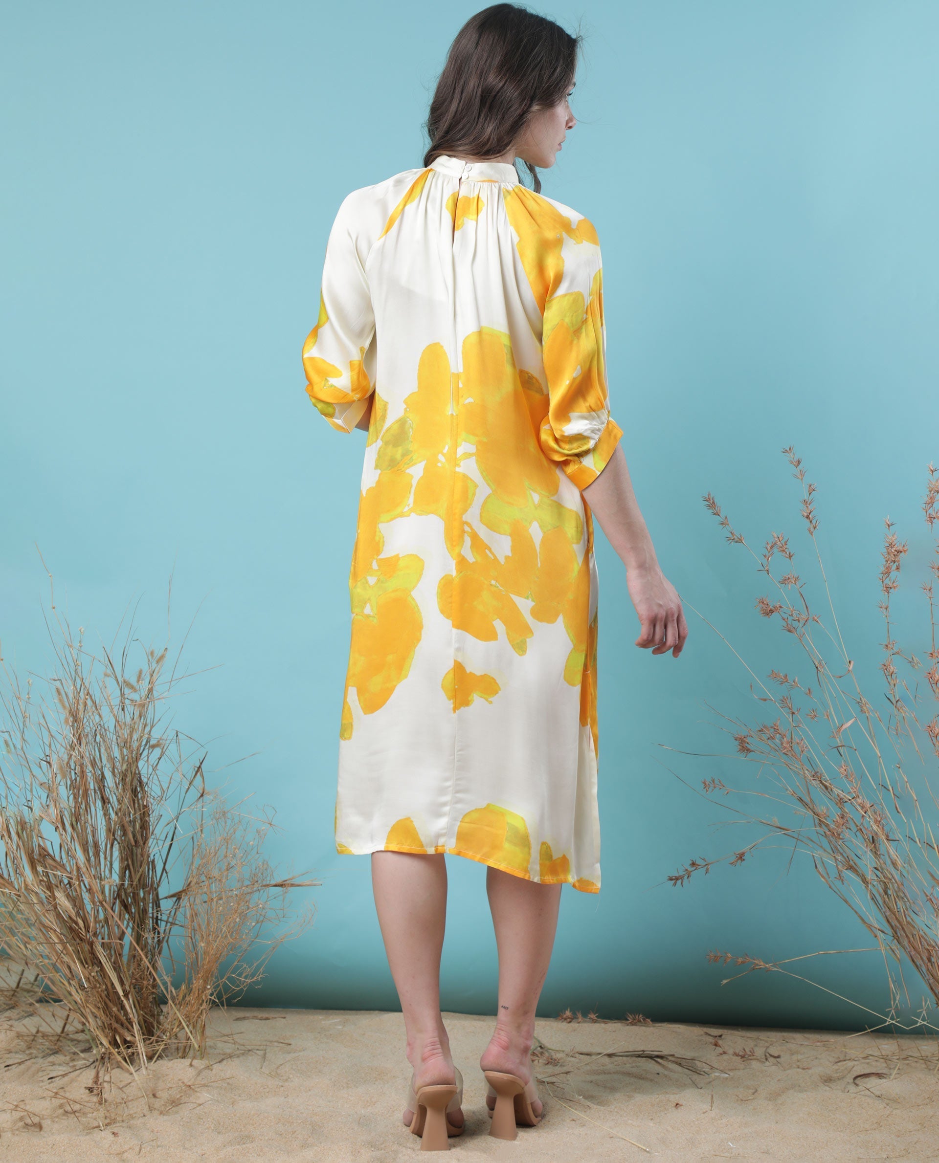 Rareism Women Tycoon Yellow Abstract Band Collar Half Sleeves With Puff And Pocket Knee Length Dress