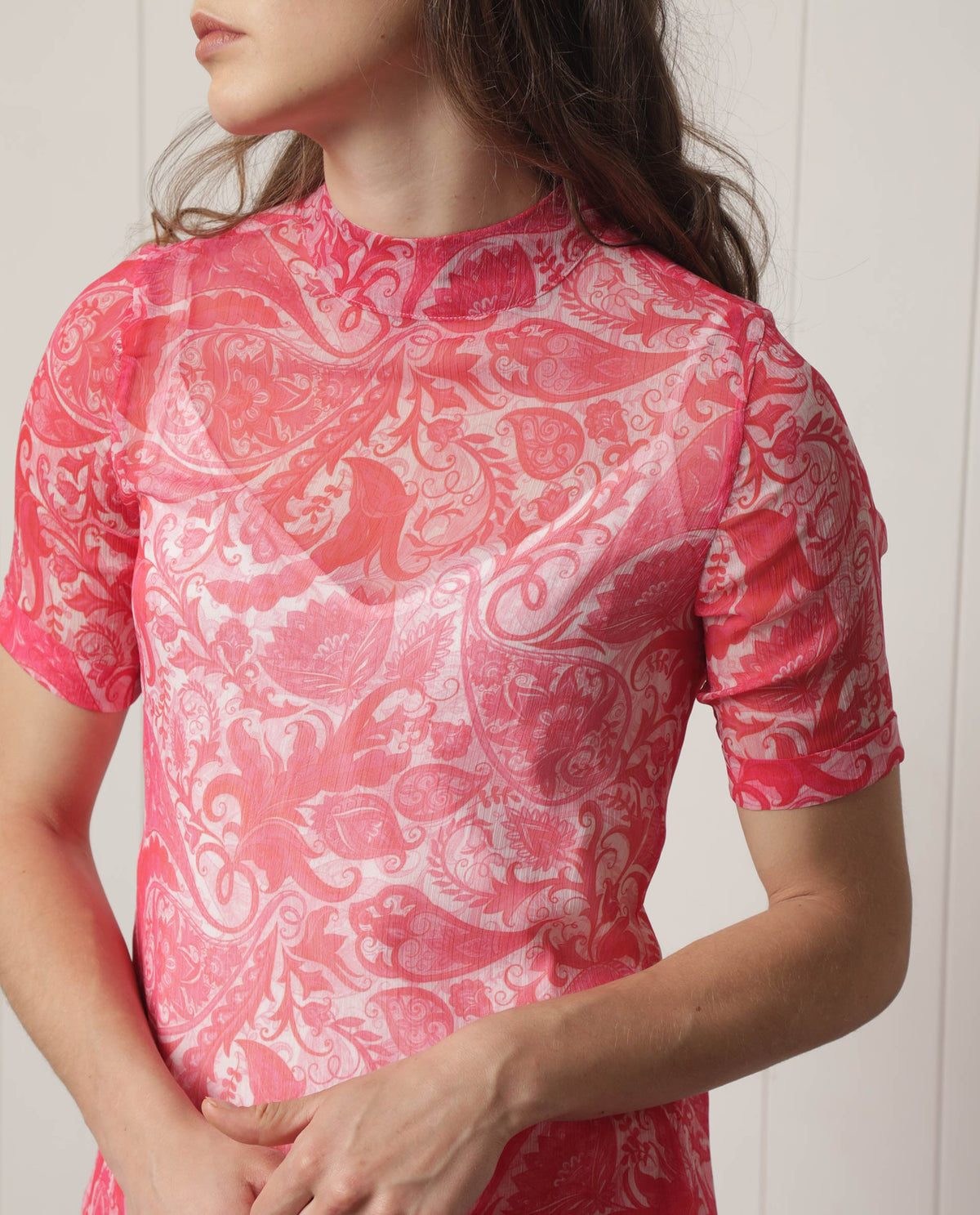 Rareism Women's Beryl Pink Polyester Fabric High Neck Zipper Closure Half Sleeve Paisley Print Knee Length Dress
