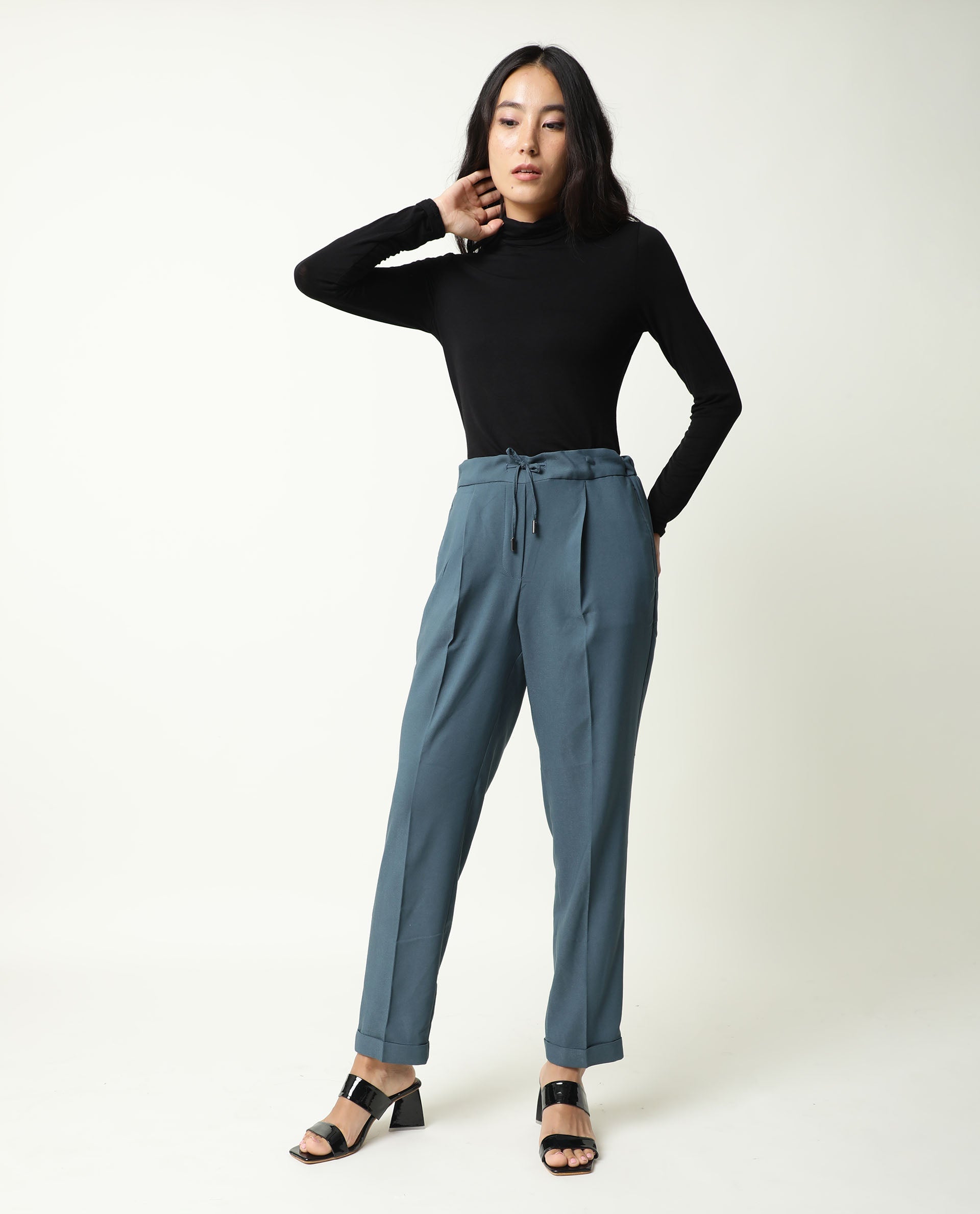 Rareism Women's Jeremiah Petrol Polyester Blend Plain Ankle Length Tailored Trouser