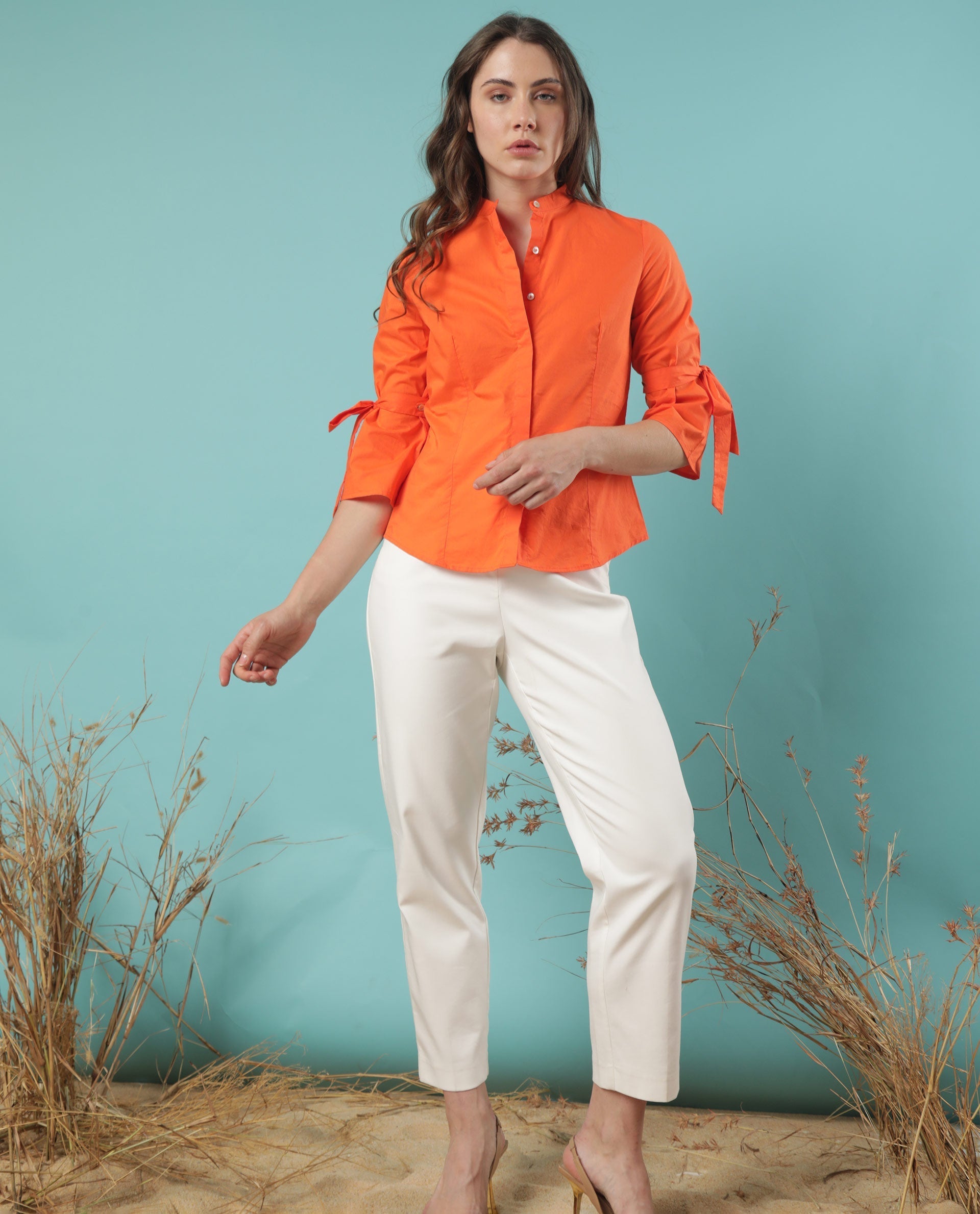 Rareism Women's Tips Orange Cotton Mandarin Collar Plain Regular Fit Top