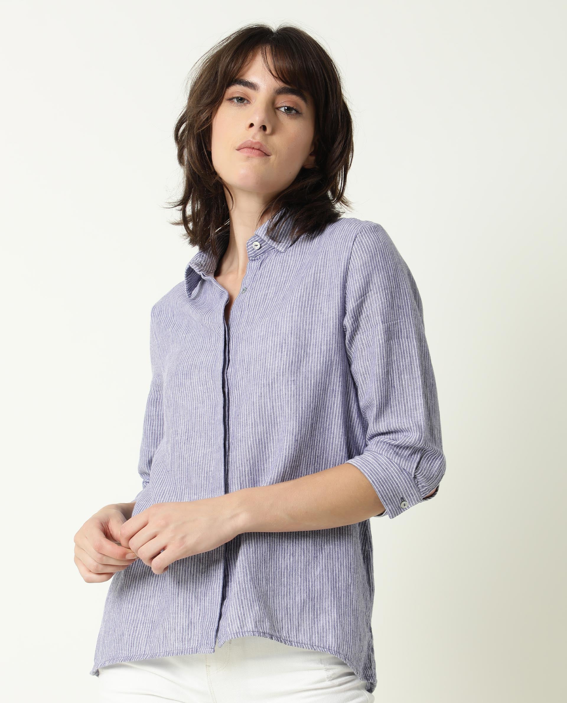 Rareism Womens Stellio Blue Top Cotton Linen Fabric 3/4 Sleeve Collared Neck