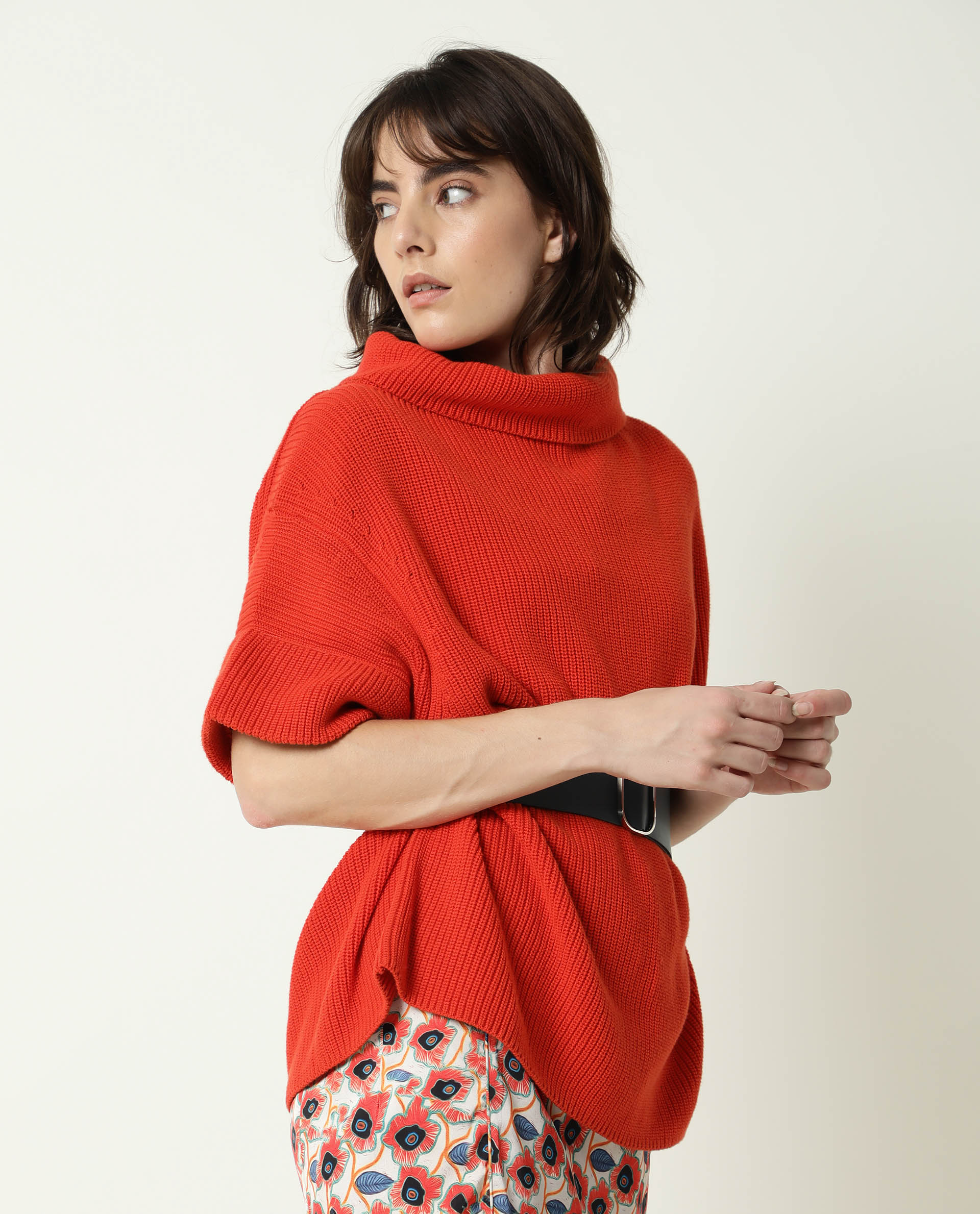 Rareism Women Daffy Orange Cotton Fabric Half Sleeves Relaxed Fit Solid Cowl Neck Sweater