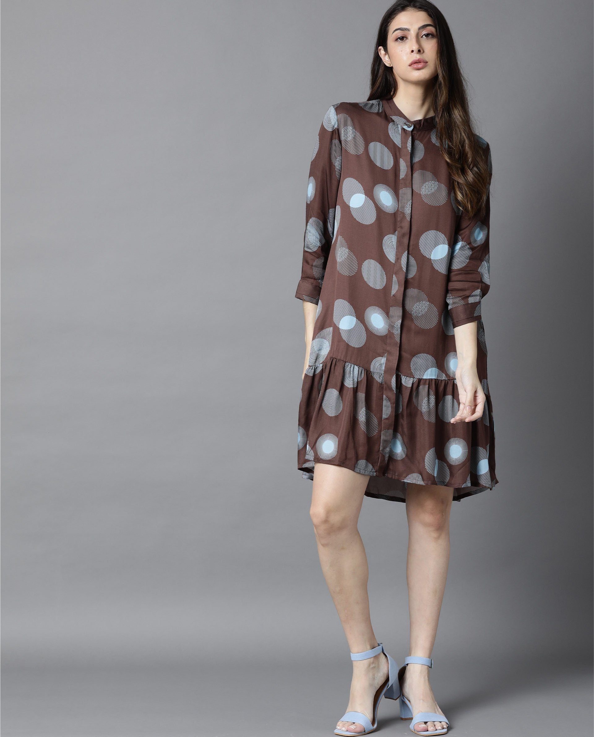 Rareism Women Eden Brown Dress Short Sleeves Printed