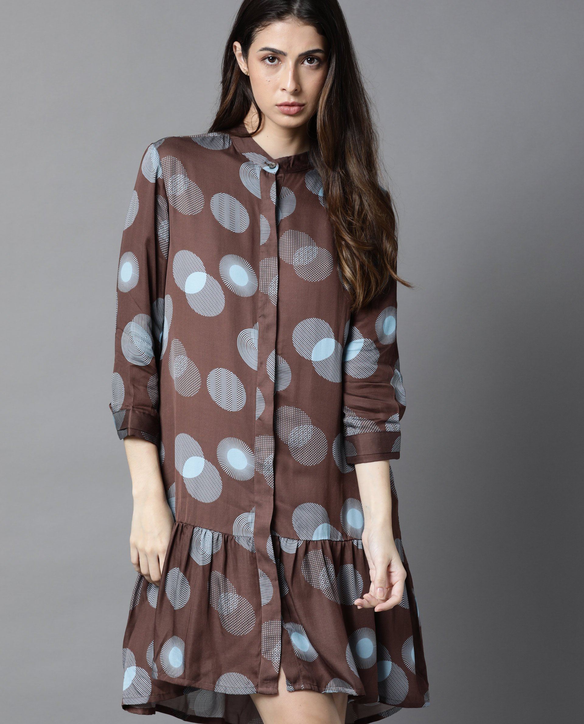 Rareism Women Eden Brown Dress Short Sleeves Printed