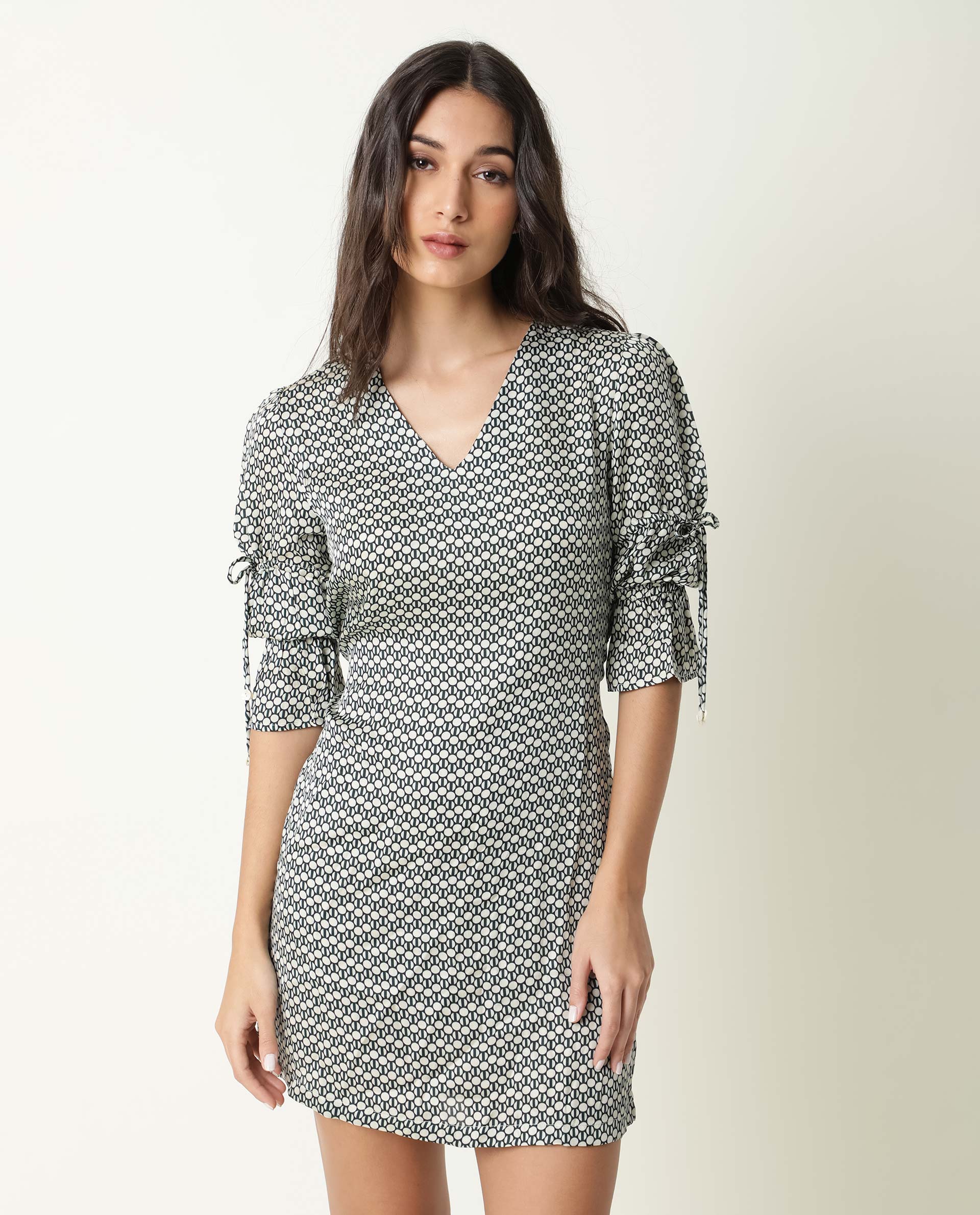 Rareism Women's Cecilia Beige V-Neck Geometric Print Knee Length Regular Fit Dress