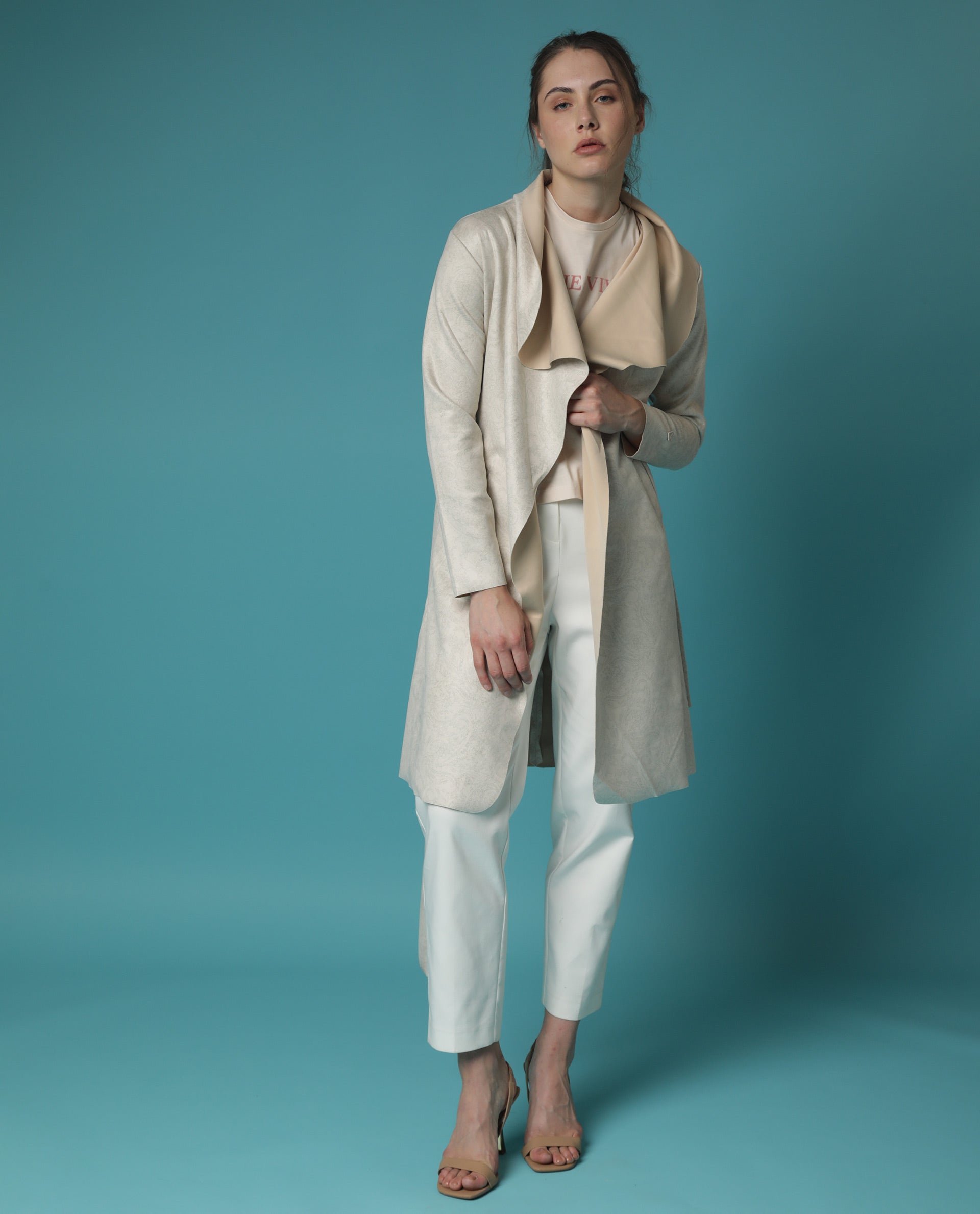 Rareism Women Palmer Beige Polyester Fabric Full Sleeves Solid Collarless Jacket