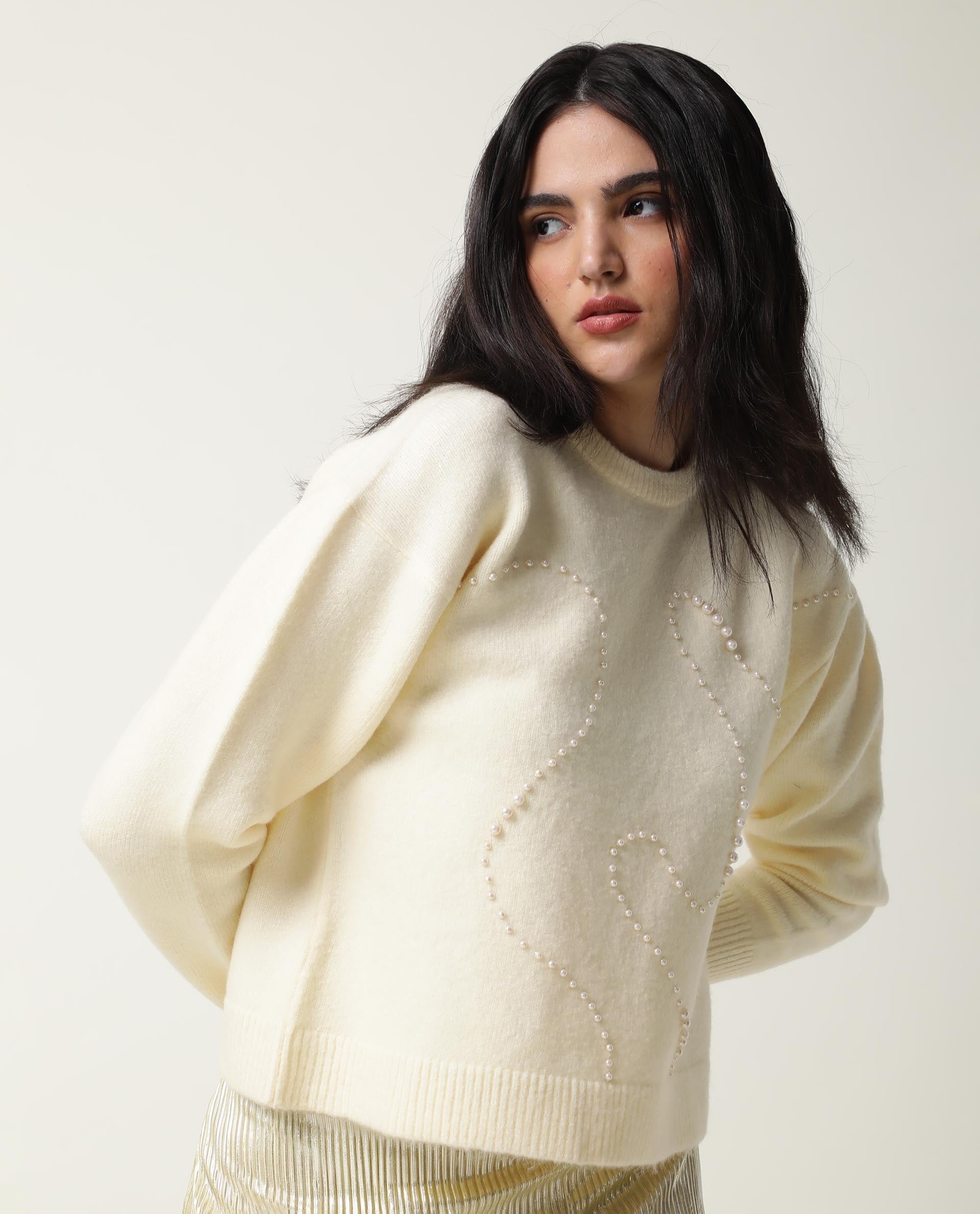 Rareism Women's Tulsy Offwhite Acrylic Crew Neck Embellished Knee Length Regular Fit Sweater