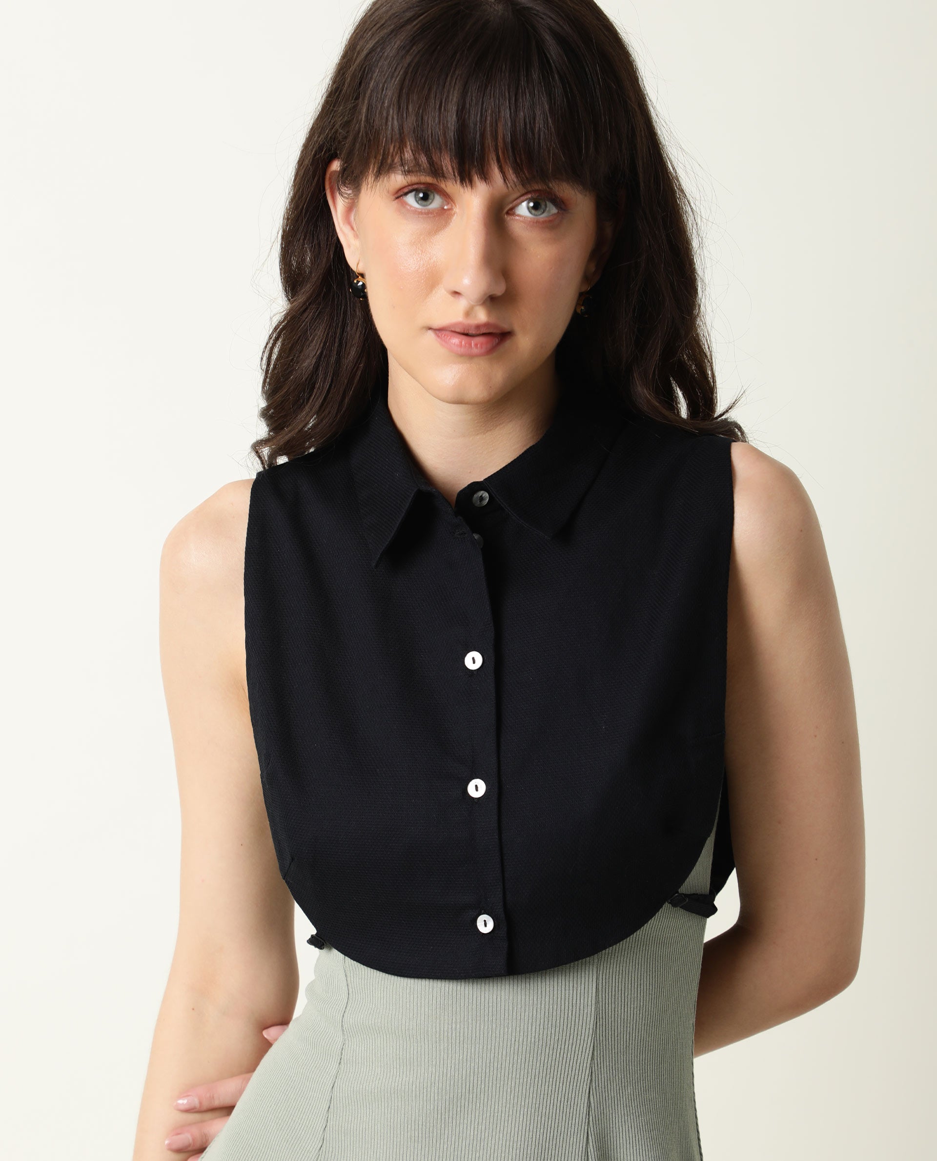 Rareism Womens Floret Black Over Layer Cotton Fabric Cropped Length Sleeveless Button Fastening Collar Neck