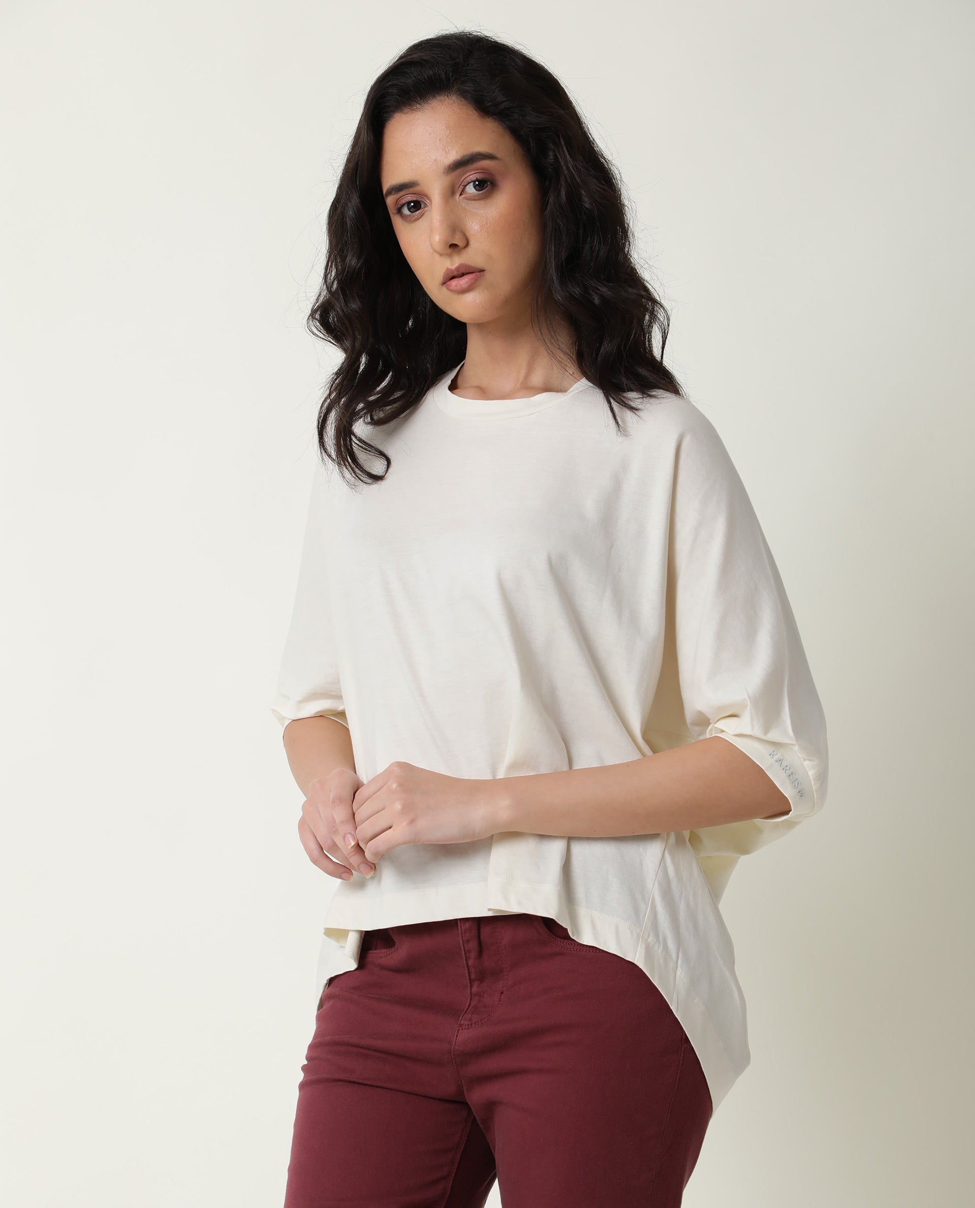 Rareism Women Osmo Off White Cotton Fabric Relaxed Fit Round Neck 3/4Th Sleeves Solid Top