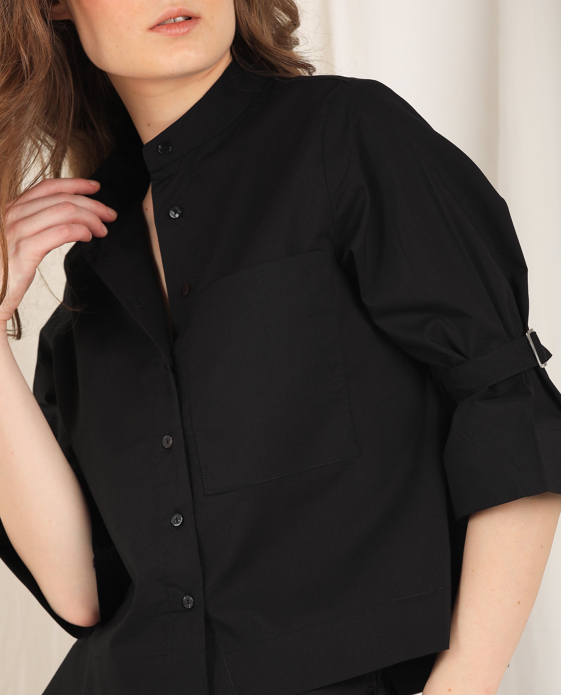 Rareism Women's Sendai Black Mandarin Collar Plain Knee Length Regular Fit Top