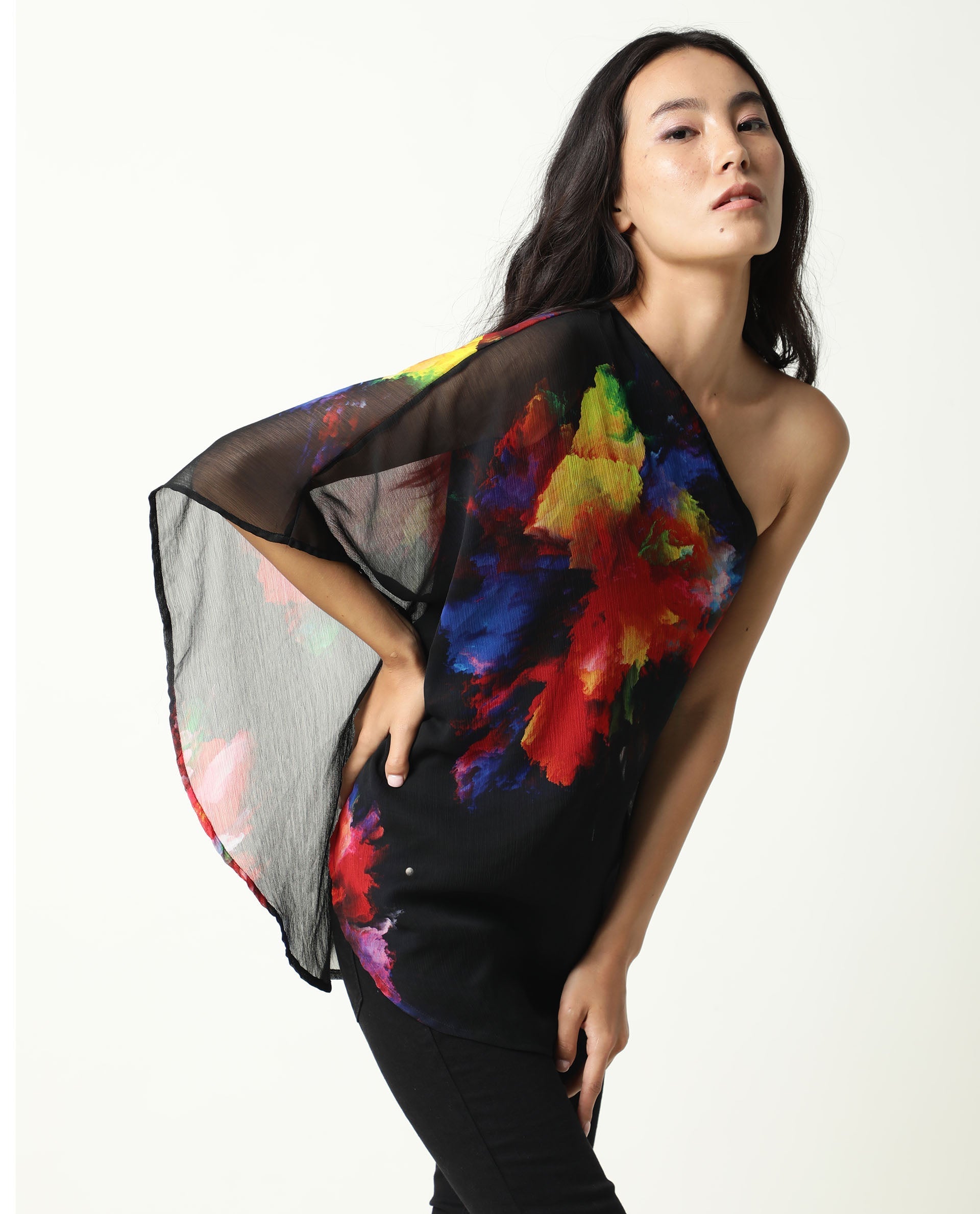 Rareism Women's Propose Black Tube Neck Floral Print Sleeveless Knee Length Regular Fit Top