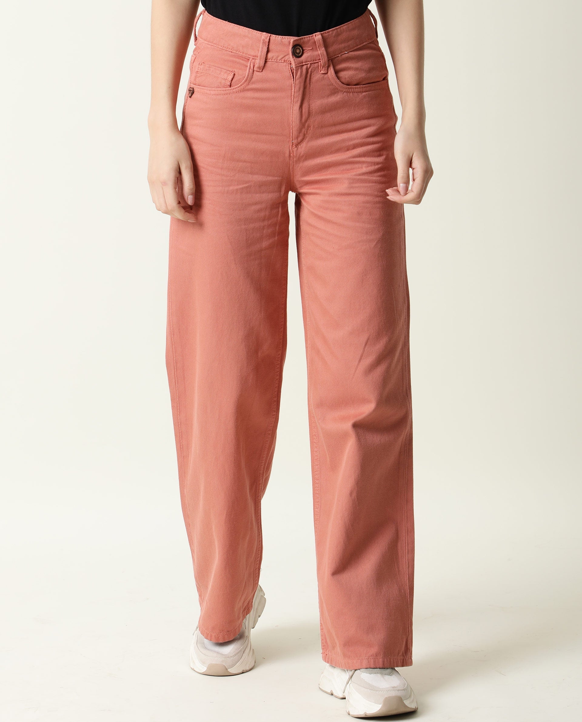 Rareism Women Ginno Light Peach Cotton Fabric Regular Fit Mid Rise Solid Ankle Length Trousers