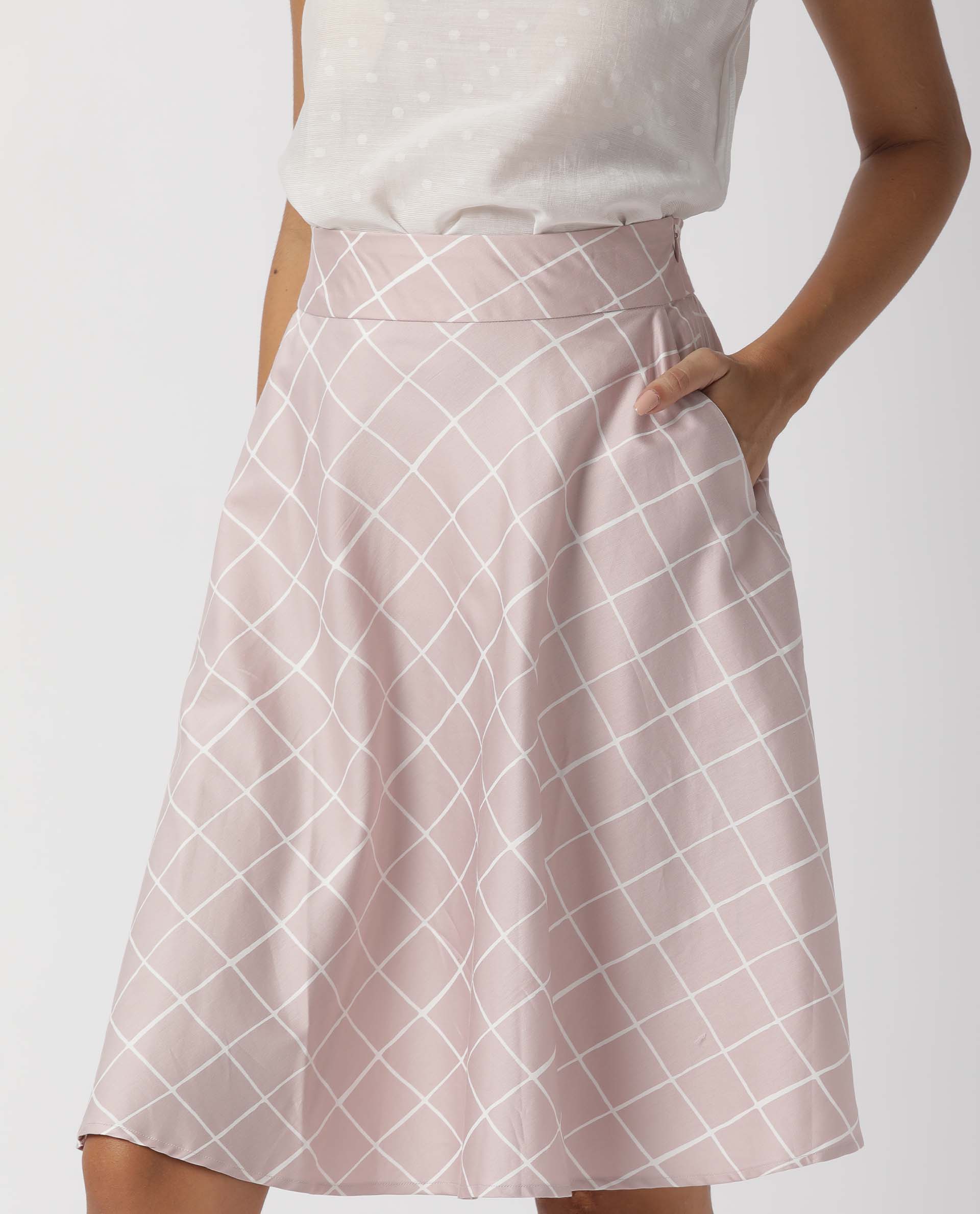 Rareism Women's Dent Pink Checked Knee Length Regular Fit Skirt