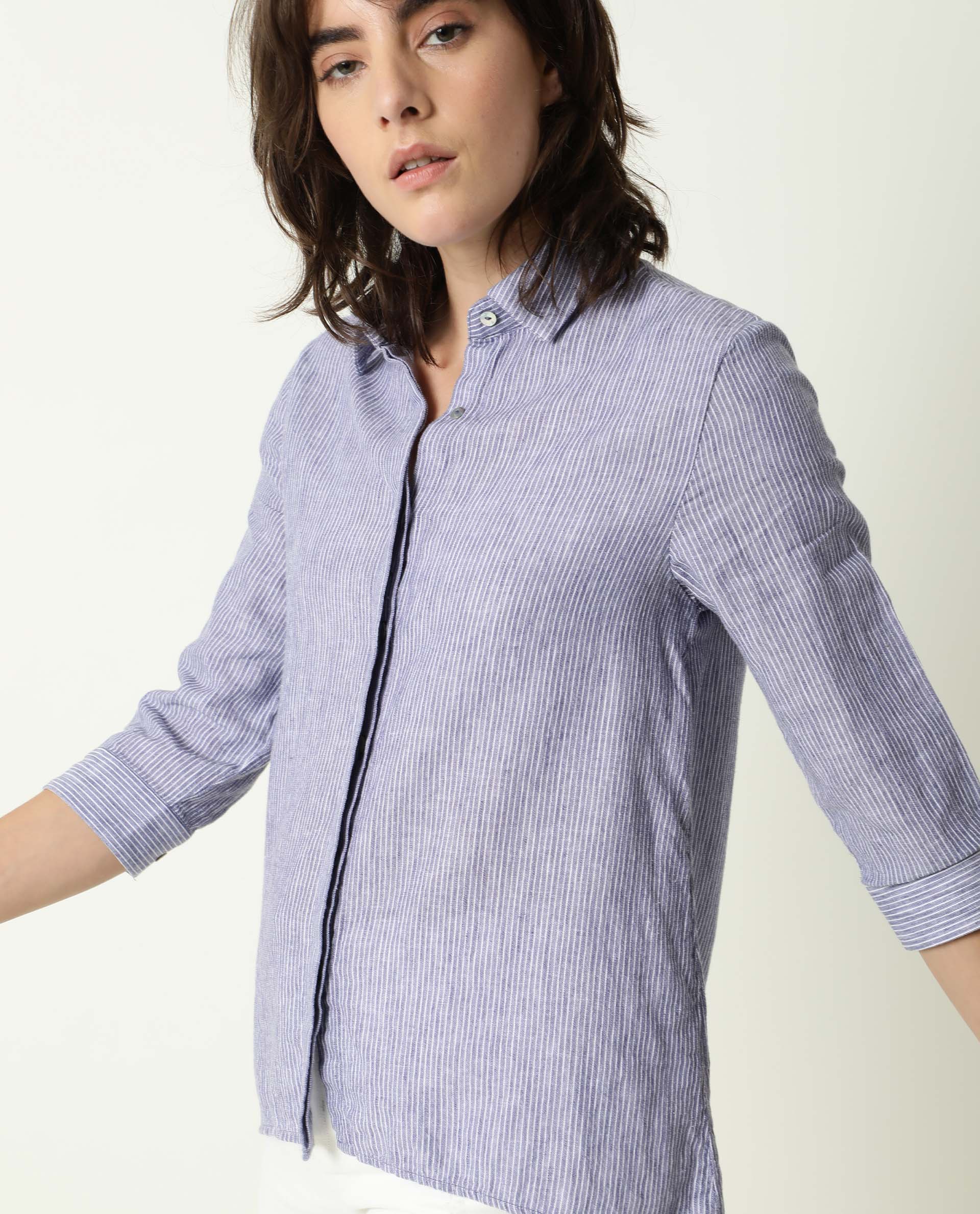 Rareism Womens Stellio Blue Top Cotton Linen Fabric 3/4 Sleeve Collared Neck