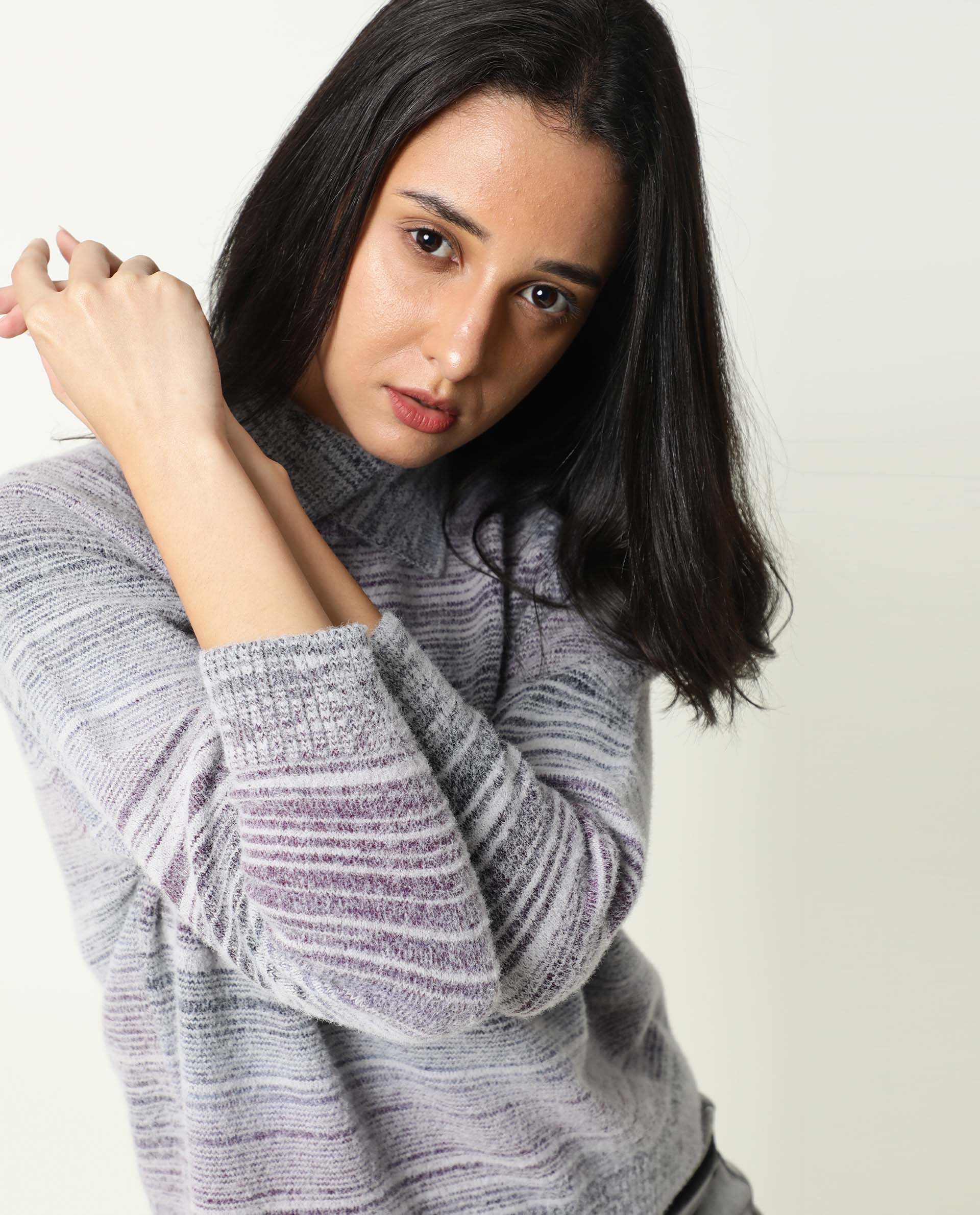 Rareism Women's Rosalva Grey Nylon High Neck Ombre Knee Length Regular Fit Sweater