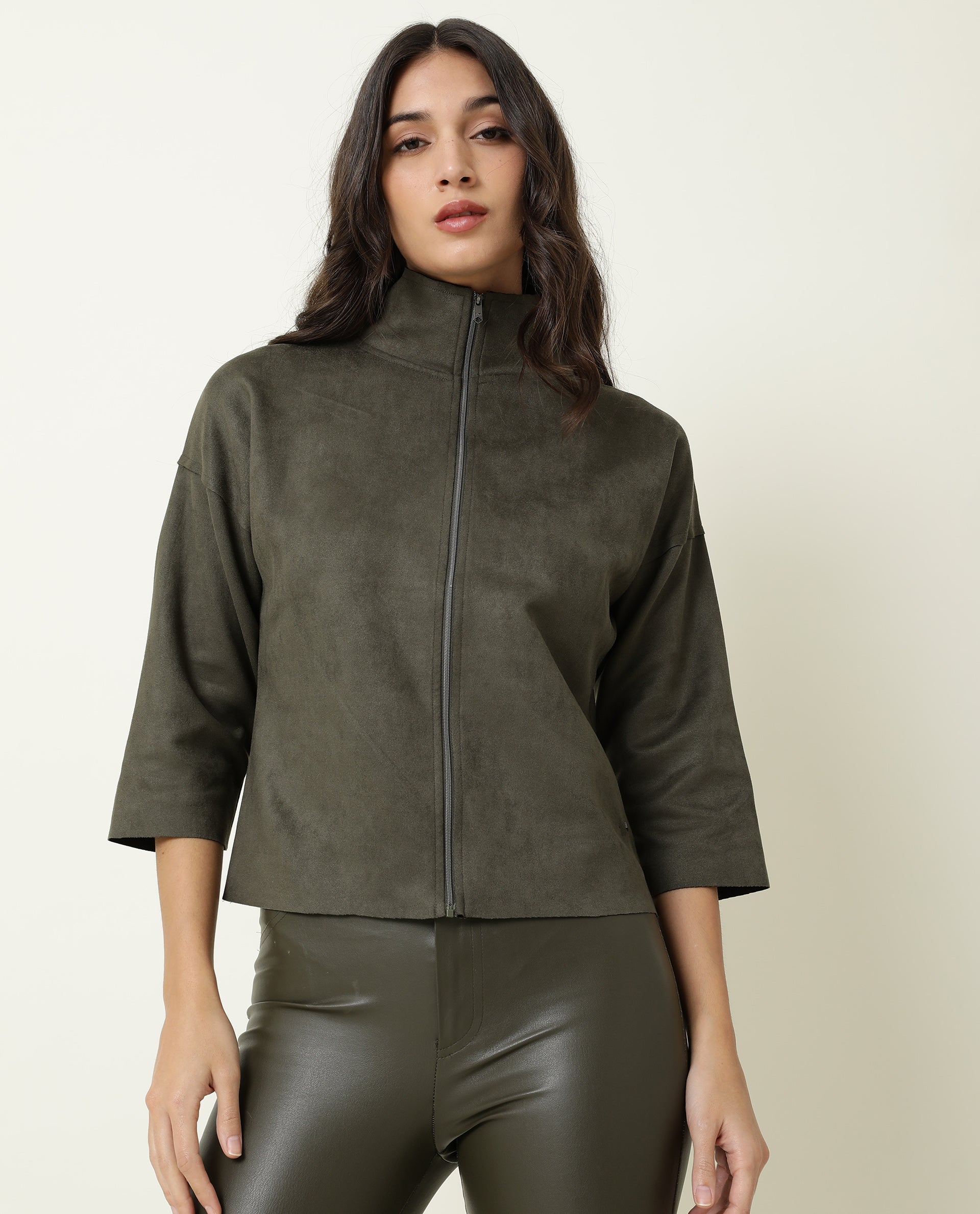 Rareism Women Vasu Olive Polyester Fabric 3/4Th Sleeves Solid High Neck Jacket
