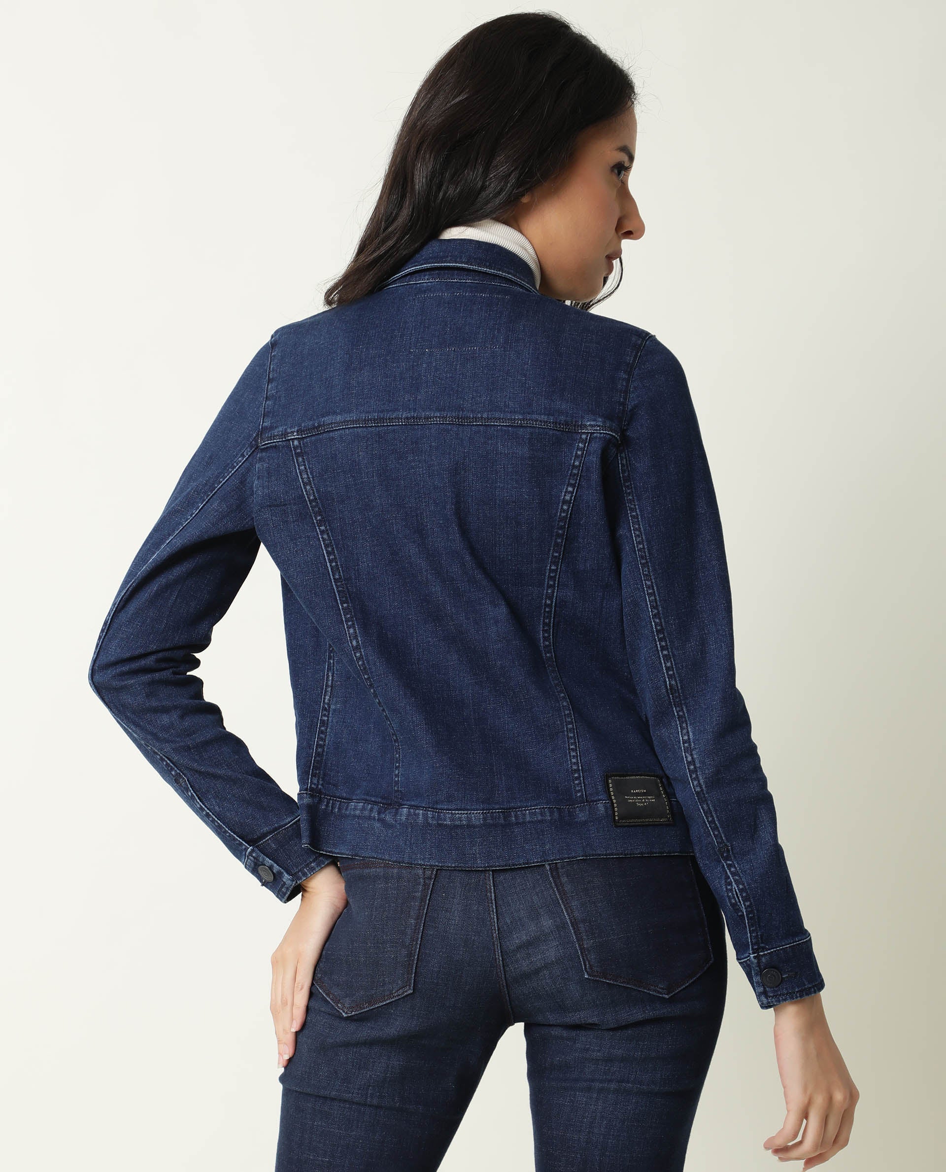 Rareism Women Misso Dark Blue Cotton Lycra Fabric Full Sleeves Solid Shirt Collar Jacket
